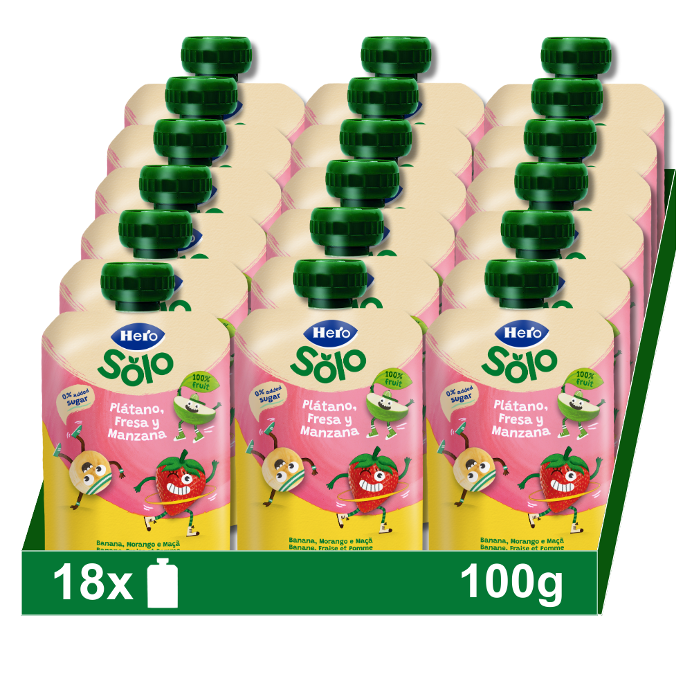 HERO Bolsitas Mi Fruta, plátano, fresa y manzana, 18x100g