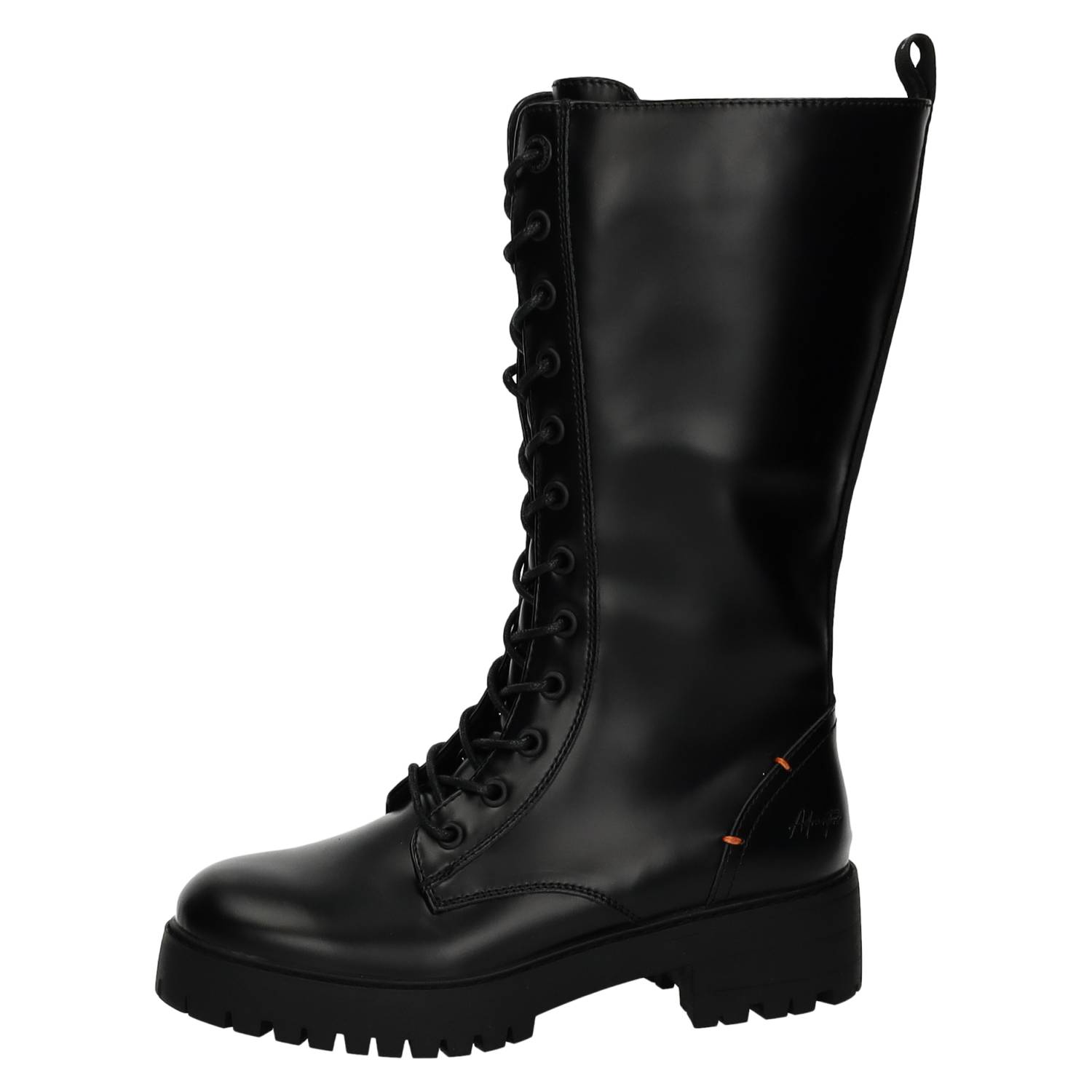 Botas marca REFRESH para mujer en color negro. Calzado Caña Alta con Cordones y Cremallera Lateral, Suela Dentada, Tacón Bajo, Material Sintético, Estilo Militar Casual