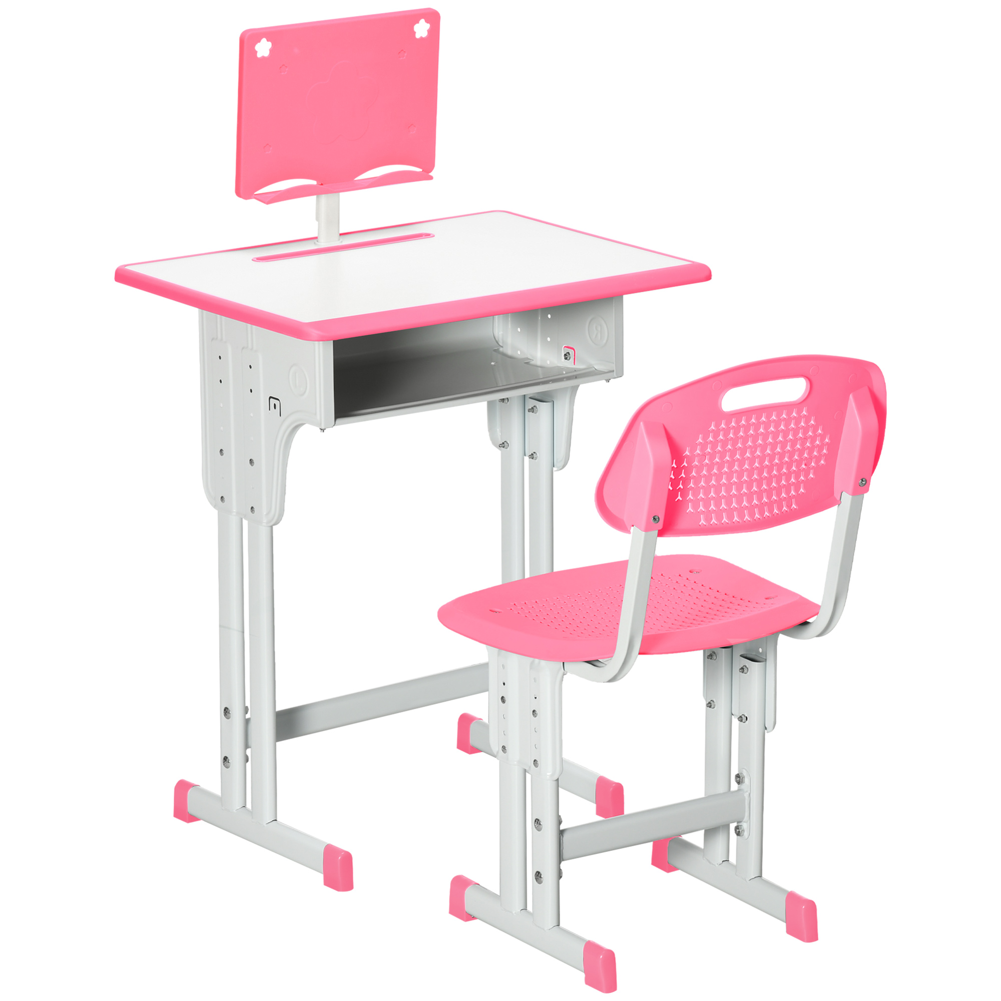 HOMCOM Juego de Escritorio y Silla para Niños de 6-12 Años Pupitre Infantil Altura Ajustable con 1 Cajón 1 Ranura para Lápiz y 1 Estante para Libros Acero 60x45x90-102 cm