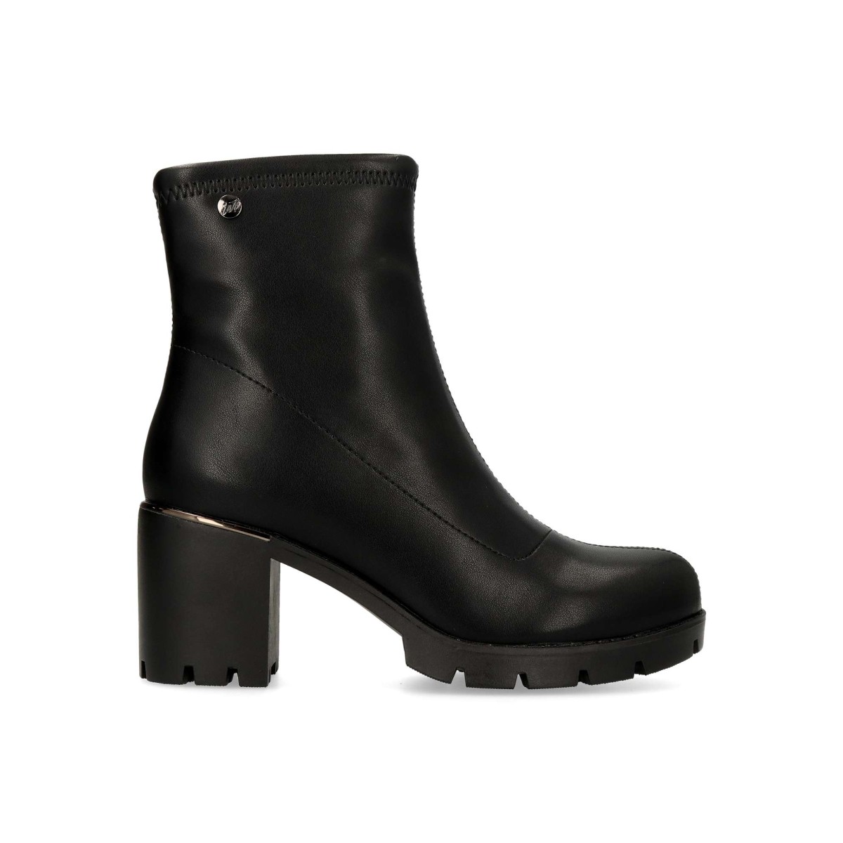 ISTERIA - Botines de mujer napa elástica vegana con cremallera lateral, tacón 6,5 cm y caña 14 cm, color negro