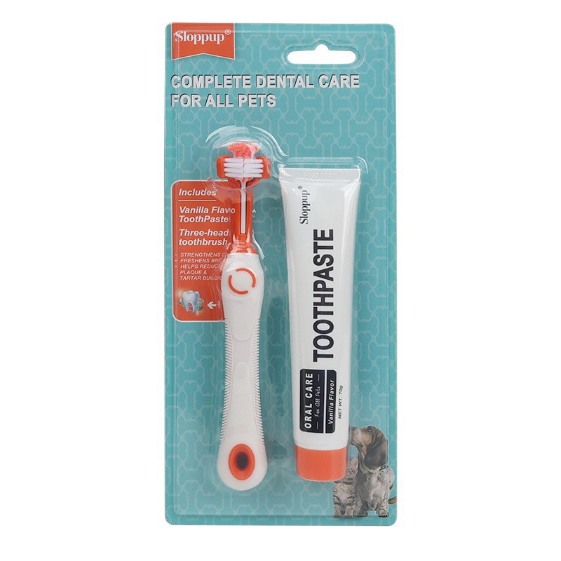 Set cepillo y pasta dental para mascotas en caja, cepillo tres cabezas para perros y gatos, sabores vainilla y ternera