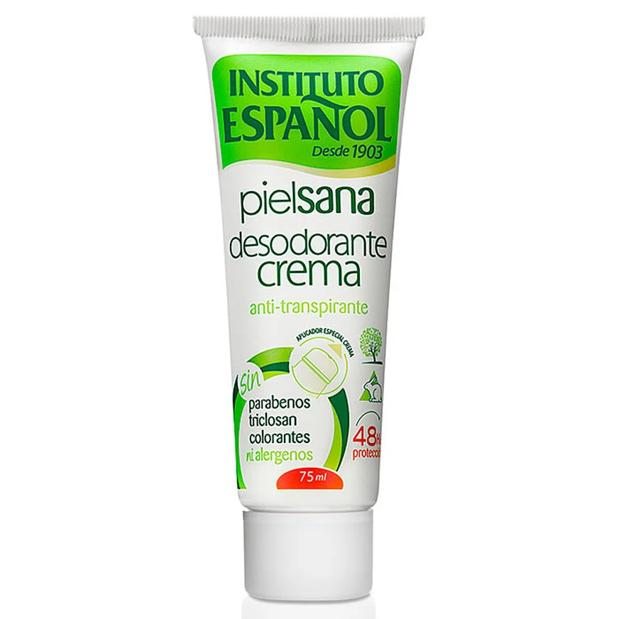 Instituto Español Crema desodorante para piel sana, antitranspirante para pieles sensibles con protección 48h, sin parabenos, colorantes ni conservantes, no mancha, 1 x 75ml