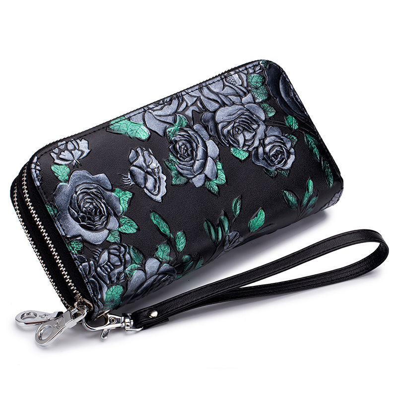 Cartera de cuero genuino con doble cremallera para mujer, bloqueo RFID, doble cremallera, pintada a mano con estampado floral en relieve, gran capacidad