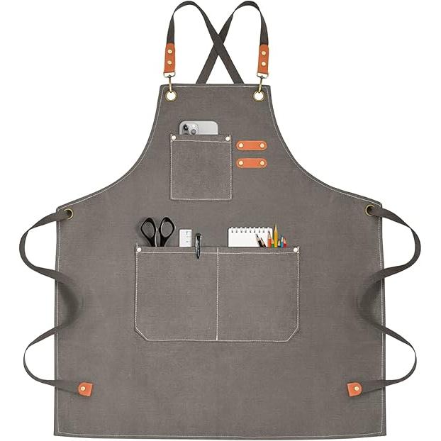 Delantal de chef para hombres y mujeres, delantales de lona con 3 bolsillos traseros cruzados, delantal de trabajo resistente para cocinar