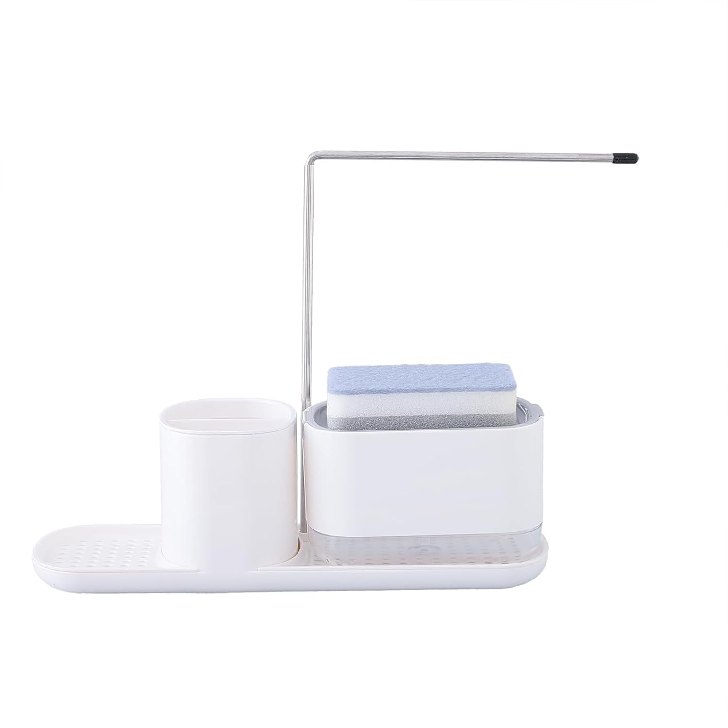 Organizador para Fregadero con Dispensador de Jabón y Soporte para Esponja, Base de Drenaje Antigoteo, Porta Estropajos y Cepillos con Barra Metálica, Diseño Compacto y Elegante para Cocina y Baño (Esponja No Incluida)