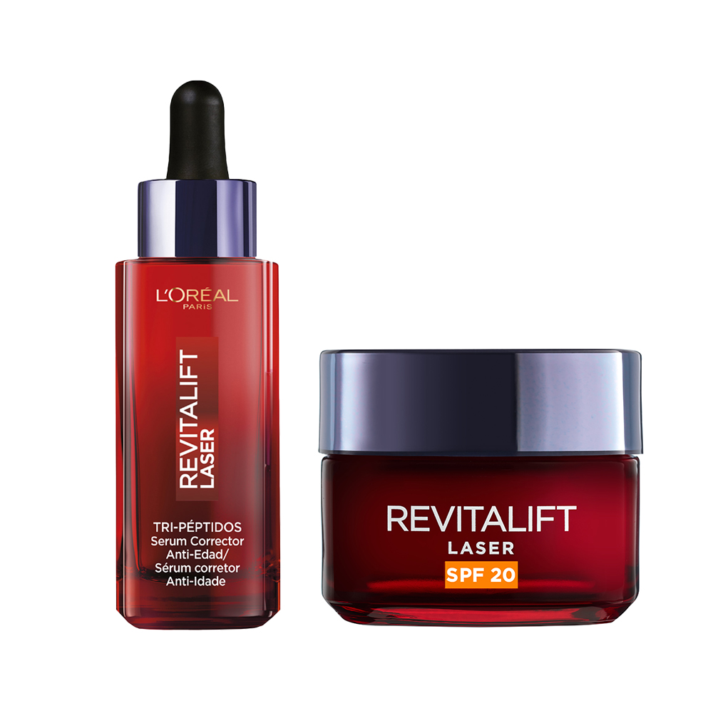 L'Oréal Paris | Sérum Corrector Anti-Edad Revitalift Laser TRI-PÉPTIDOS + ÁCIDO HIALURÓNICO + VITAMINA Cg 30ml + Crema de Día Anti-Edad SPF25 con Pro-Retinol, Ácido Hialurónico y Vitamina Cg, 50 ml