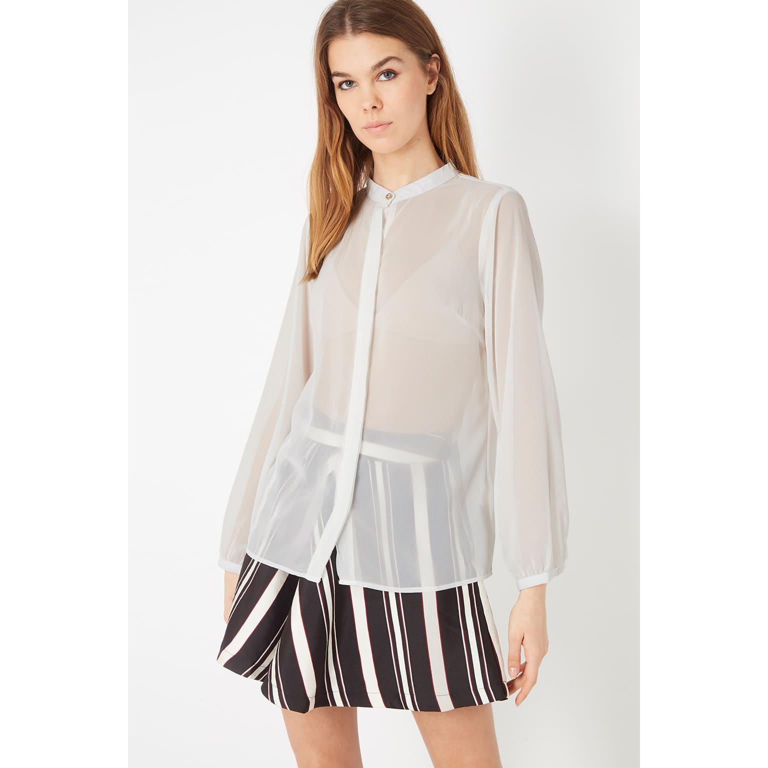 Blusa mujer transparente, camisa manga larga, tejido liviano, botón frontal, estilo casual elegante, ideal oficina, eventos, talla 38 disponible, sofisticada y fresca, combina con falda o pantalón clásico - Blanco ✅Entrega 24/48h
