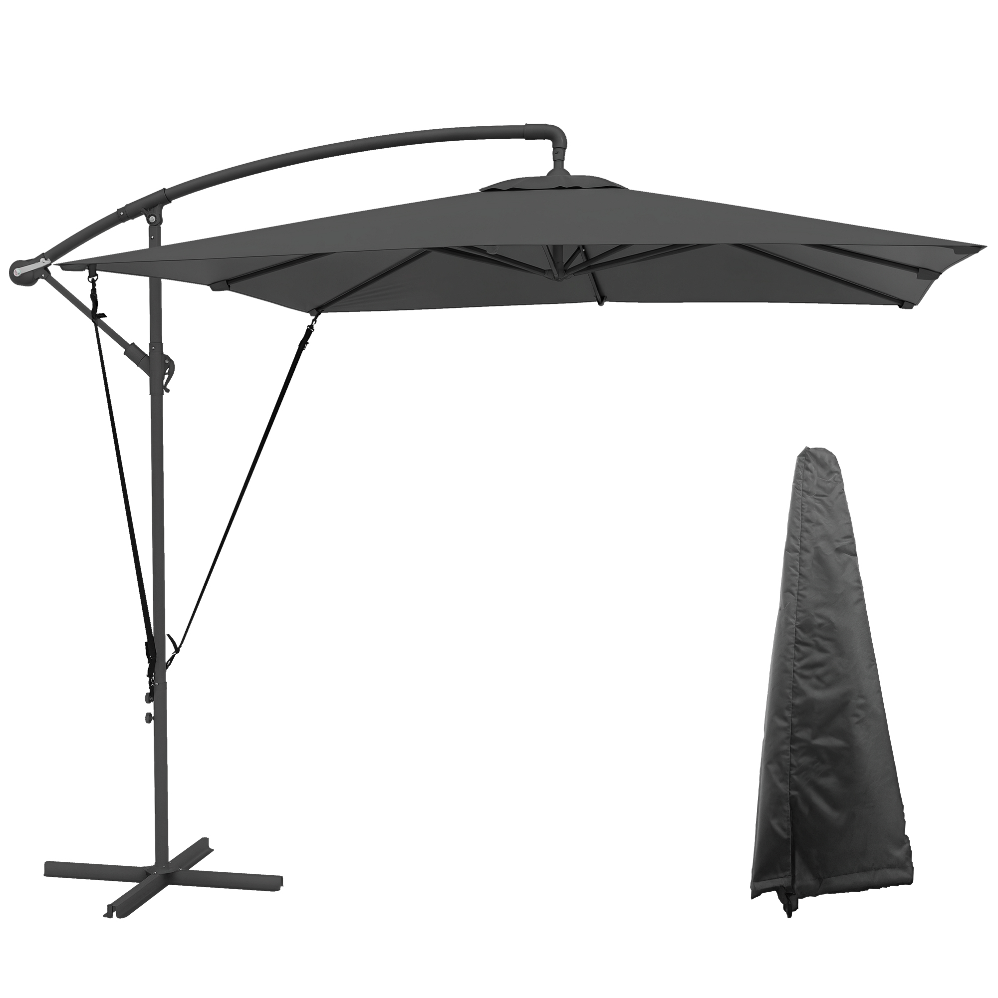 Outsunny Parasol Excéntrico 247x247 cm Sombrilla de Jardín con Base Cruzada Toldo Giratorio 360° Manivela Funda Protectora y Cuerda de Viento Anti-UV 50+ para Terraza Patio Gris Oscuro