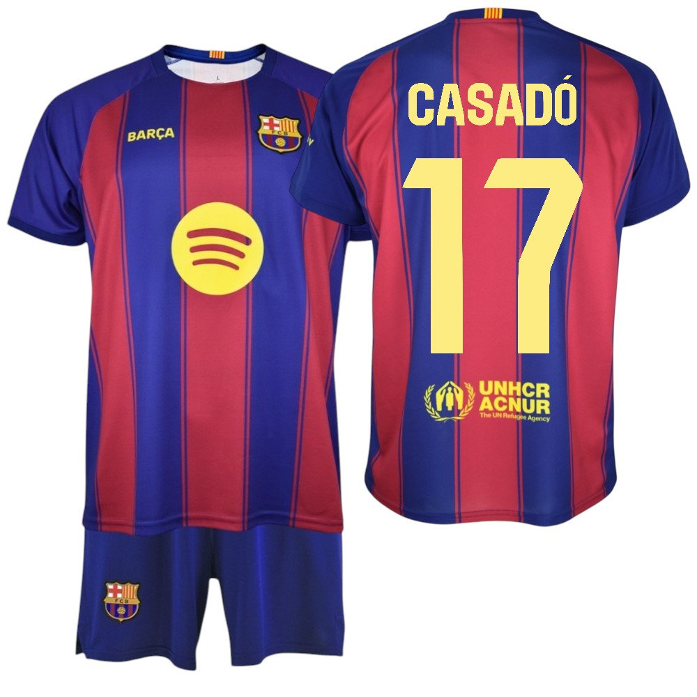 F.C Barcelona - Conjunto Camiseta y Pantalón Niño - Jugador CASADO Nº17 - Diseño Blaugrana Clásico - Escudo Bordado - Tejido Transpirable - Ideal para regalo