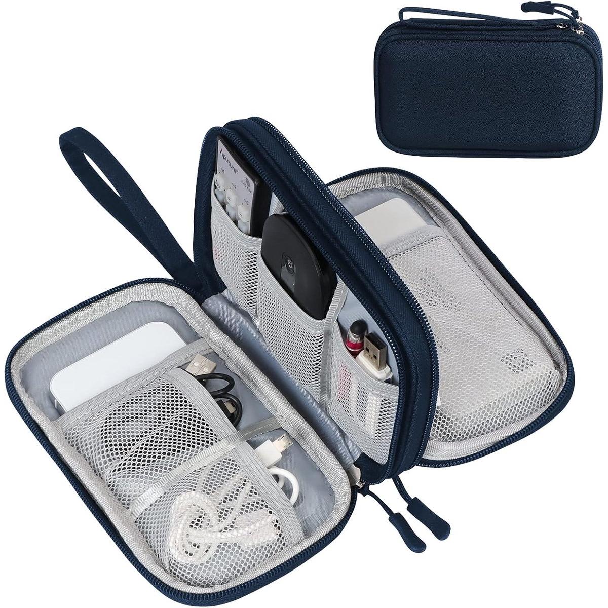Bolsa para guardar cables - Organizador de viaje - Impermeable/Resistente al desgaste - Para cables, cargadores, adaptadores, USB y discos duros - Bolsa compacta para cables - Organizador de cables - 19 x 11 x 5,5 cm - Azul marino