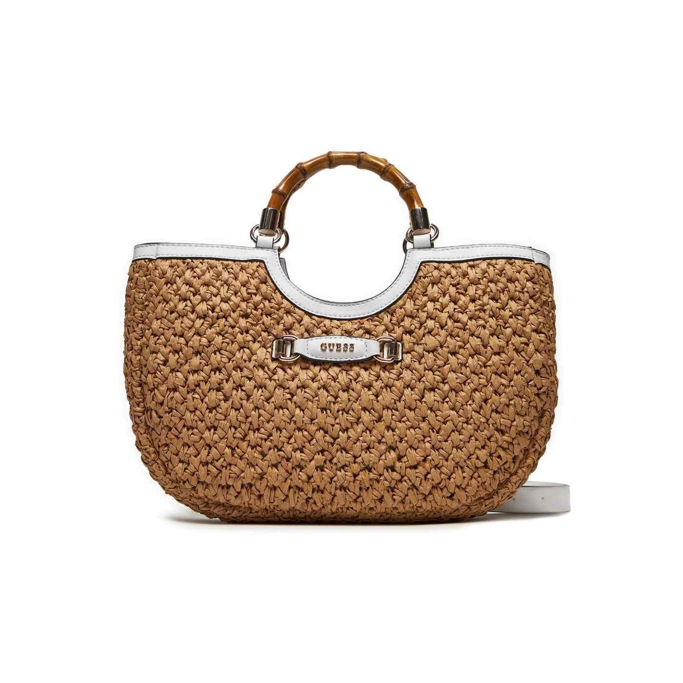 Bolso medialuna Guess Siria camel y blanco de rafia mujer