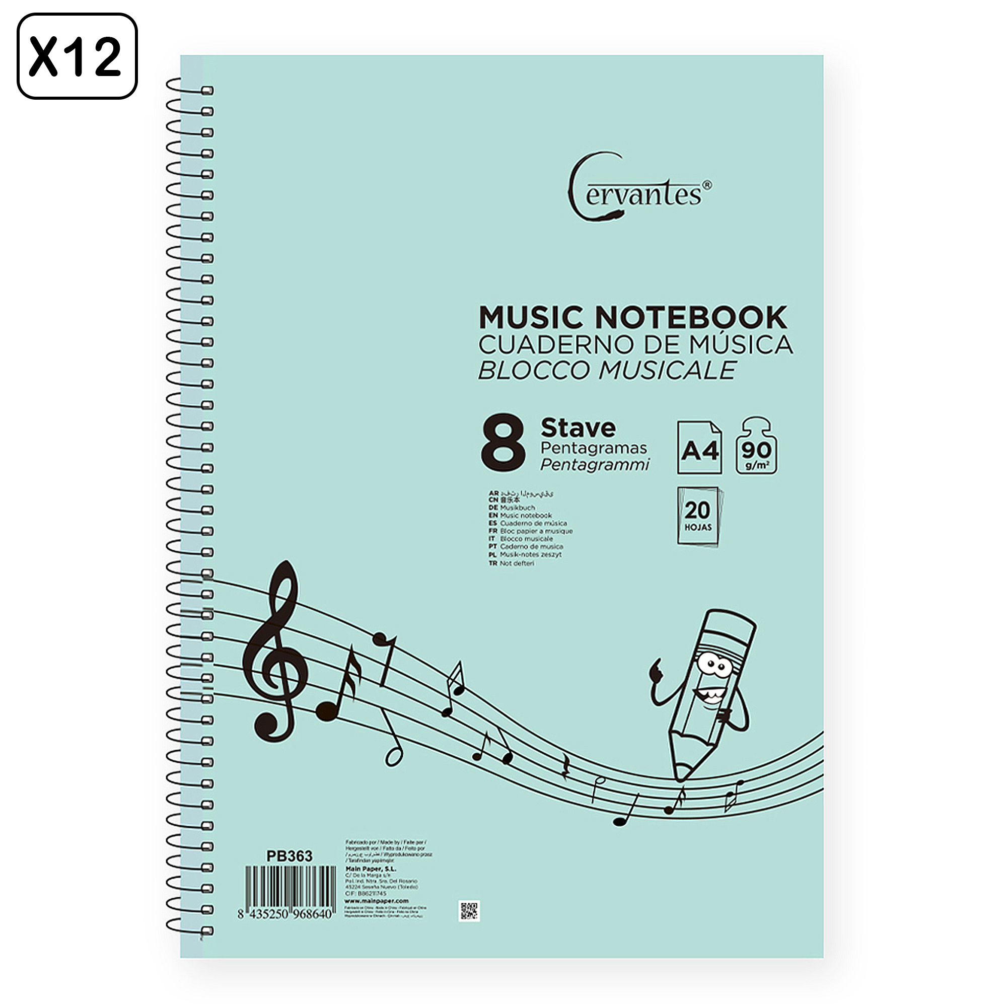 DAM PACK 12 UNIDADES CUADERNO DE MÚSICA 4 PENTAGRAMAS A5 CERVANTES 21x29,7x2 Cm. Color: Verde Menta