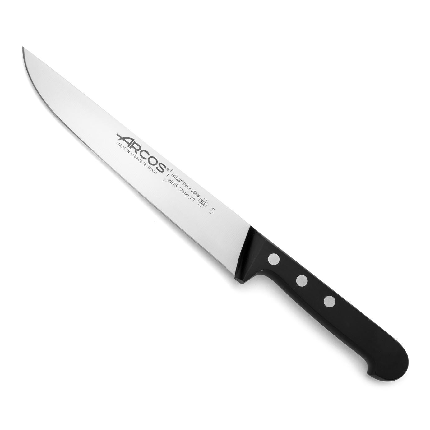 Arcos Cuchillo tallado con Hoja Acero Inoxidable Nitrum 190 mm. Cuchillo carnicero para deshuesar. Mango ergonómico polioximetileno POM. Serie Universal. Color negro.