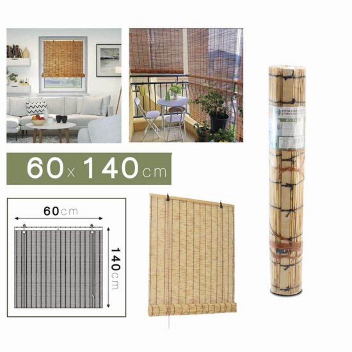 Zylx shopping - Estor Enrollable de Bambú para Ventana y Balcón, Cortina Persiana de Madera para Exterior e Interior, Privacidad y Protección Solar, Varios Tamaños Disponibles (60x140cm a 150x200cm)