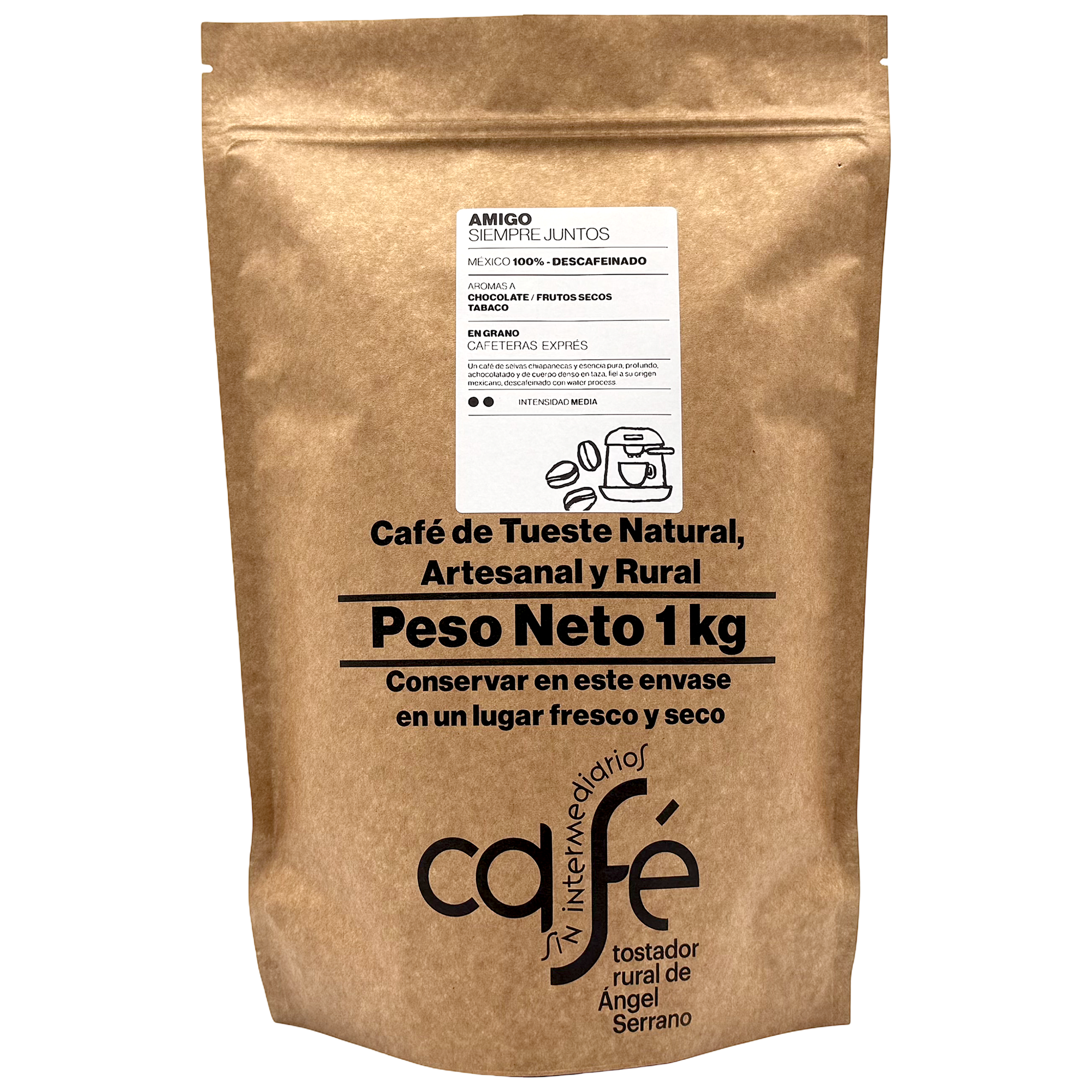 CAFÉ SIN INTERMEDIARIOS - 100% México - Amigo - DESCAFEINADO - Intensidad de sabor Media - Recién tostado y envasado - 1 Kg Grano o Molido (Exprés, Filtro, Italiana, Americana, Superautomática)