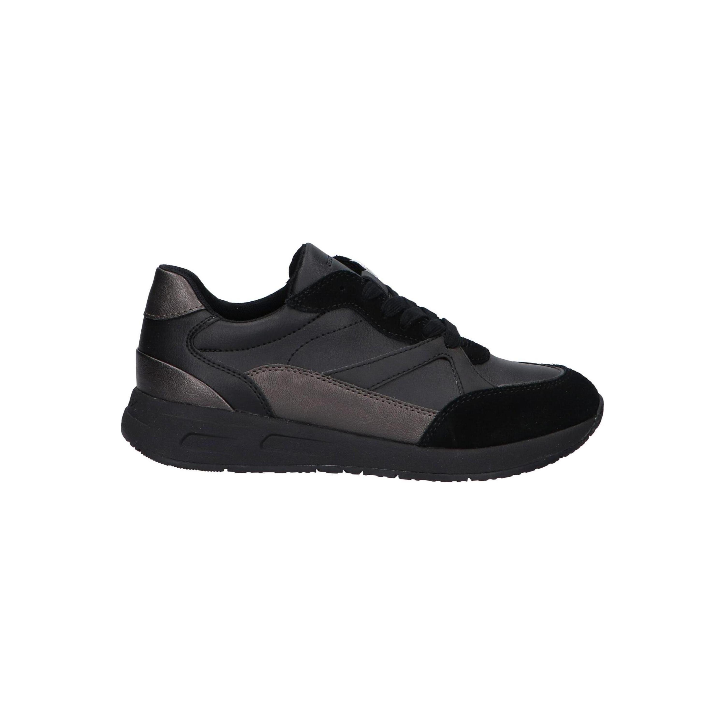 Geox women's casual sneakers in black, made of leather with a textile lining and rubber sole; comfortable lace-up shoes for daily wear and outdoor activities, perfect women's footwear for all occasions.