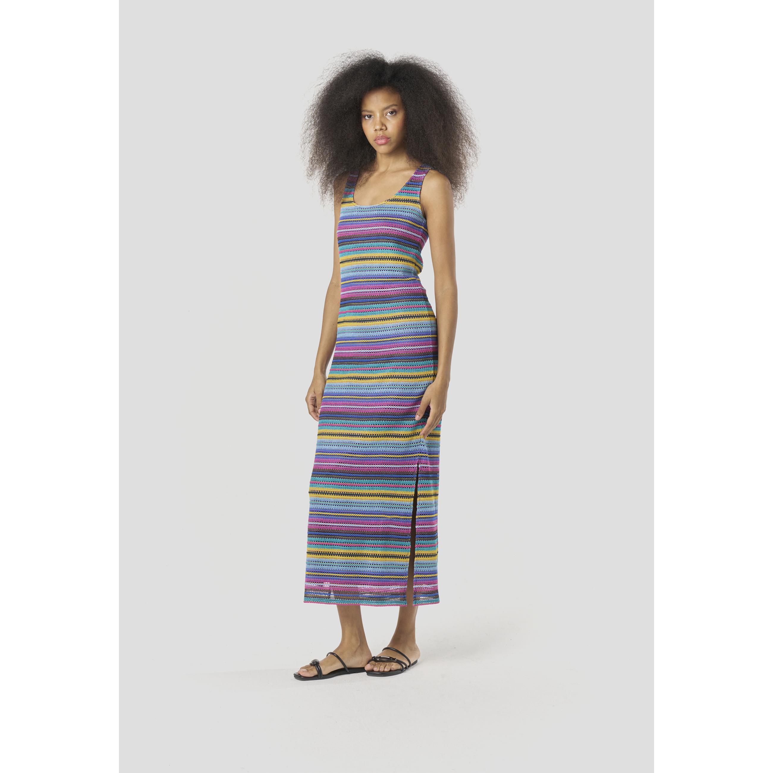 Koroshi - Vestido largo de punto a rayas multicolor para mujer, con tirantes anchos y abertura lateral, silueta ajustada midi-maxi