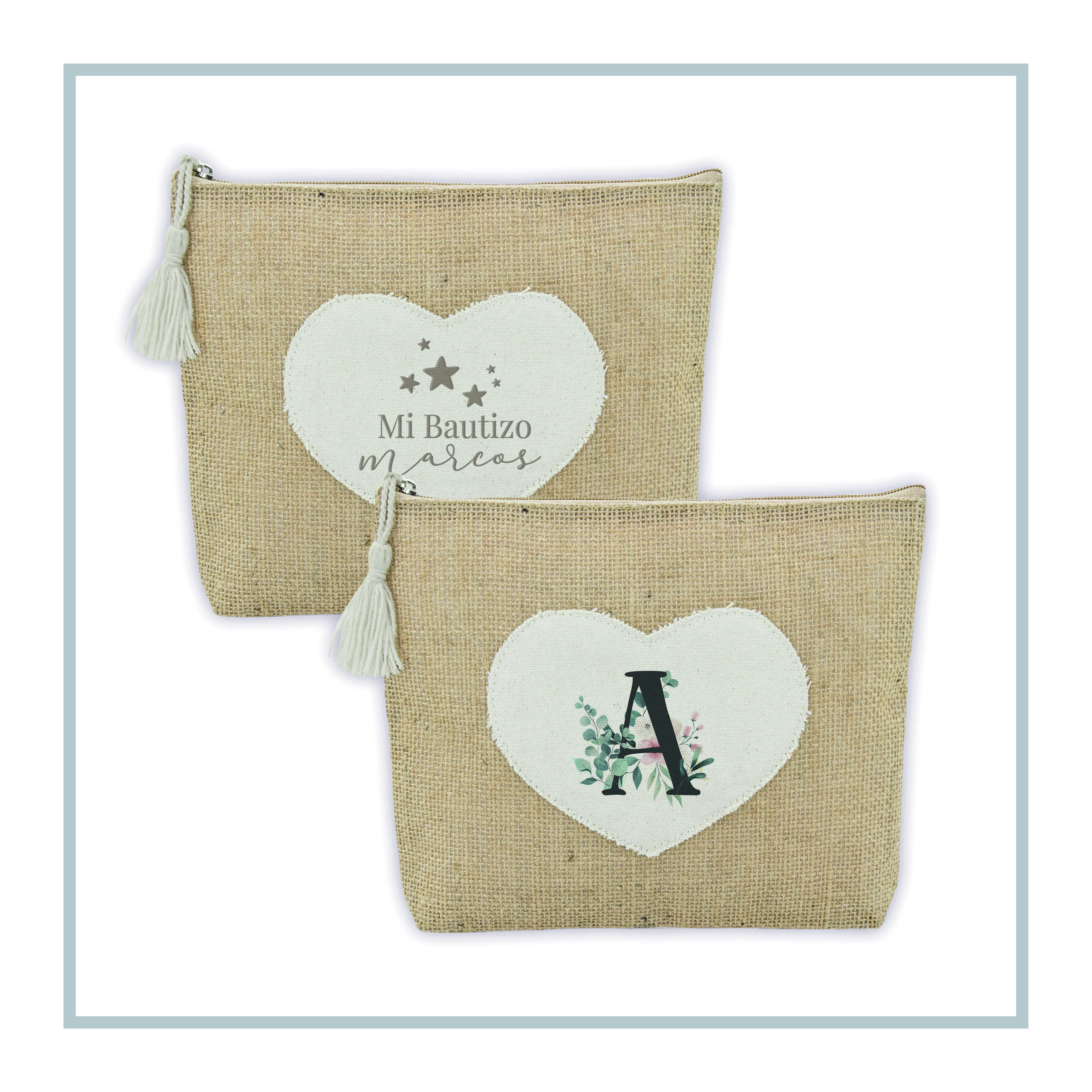 RegaloVip.es - Neceser de Yute con Corazón, Corazón de Algodón, Neceser, Accesorios útiles y originales, Estilo con Corazón, regalo perfecto, detalles que enamoran, hecho a mano con amor, regalos para bautizos, bodas y comuniones.