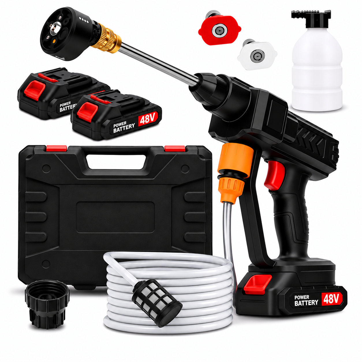 IPSDI - Hidrolimpiadora inalámbrica de 362 PSI con batería de 48 V, boquilla 6 en 1 y manguera de 5 m para coche, terraza y jardín