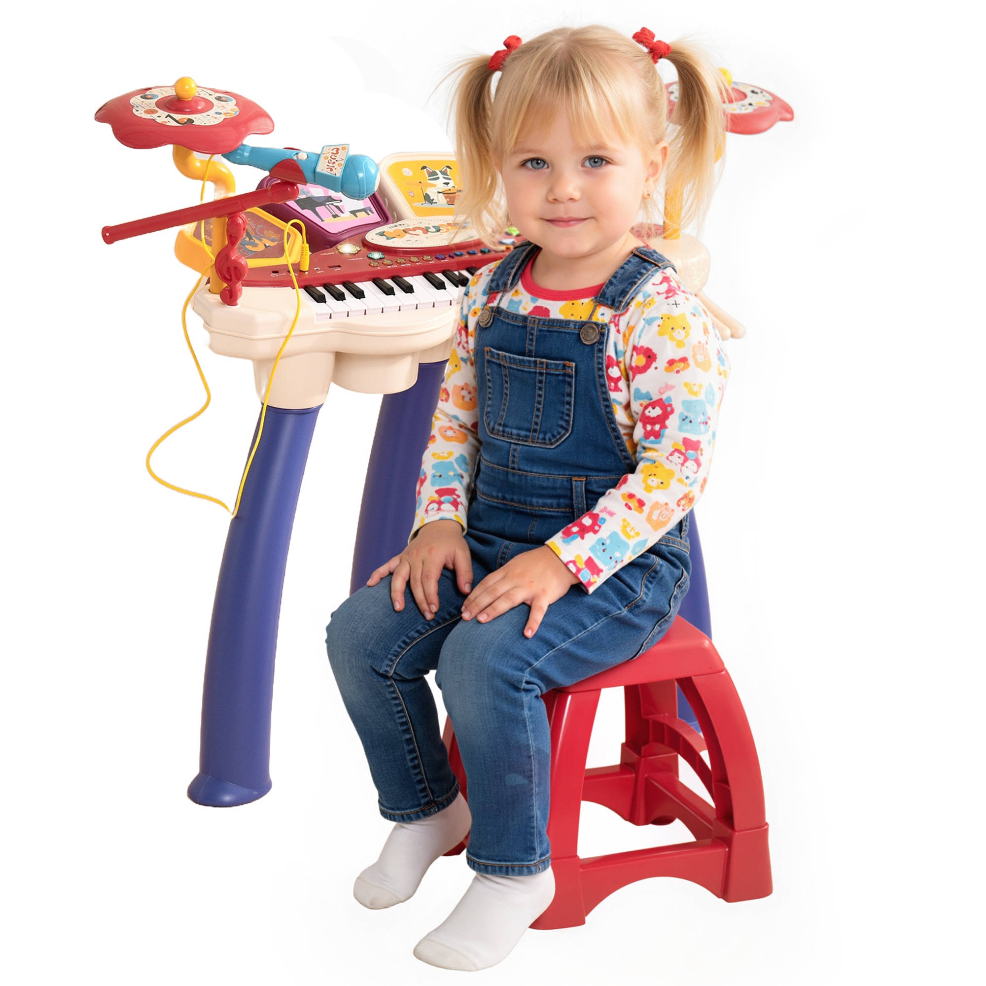 AIYAPLAY Piano Electrónico Infantil de 32 Teclas Juego de Piano 2 en 1 con Batería Micrófono Taburete Luces 19 Canciones 4 Sonidos y Volumen Ajustable 74x32,2x71 cm Multicolor