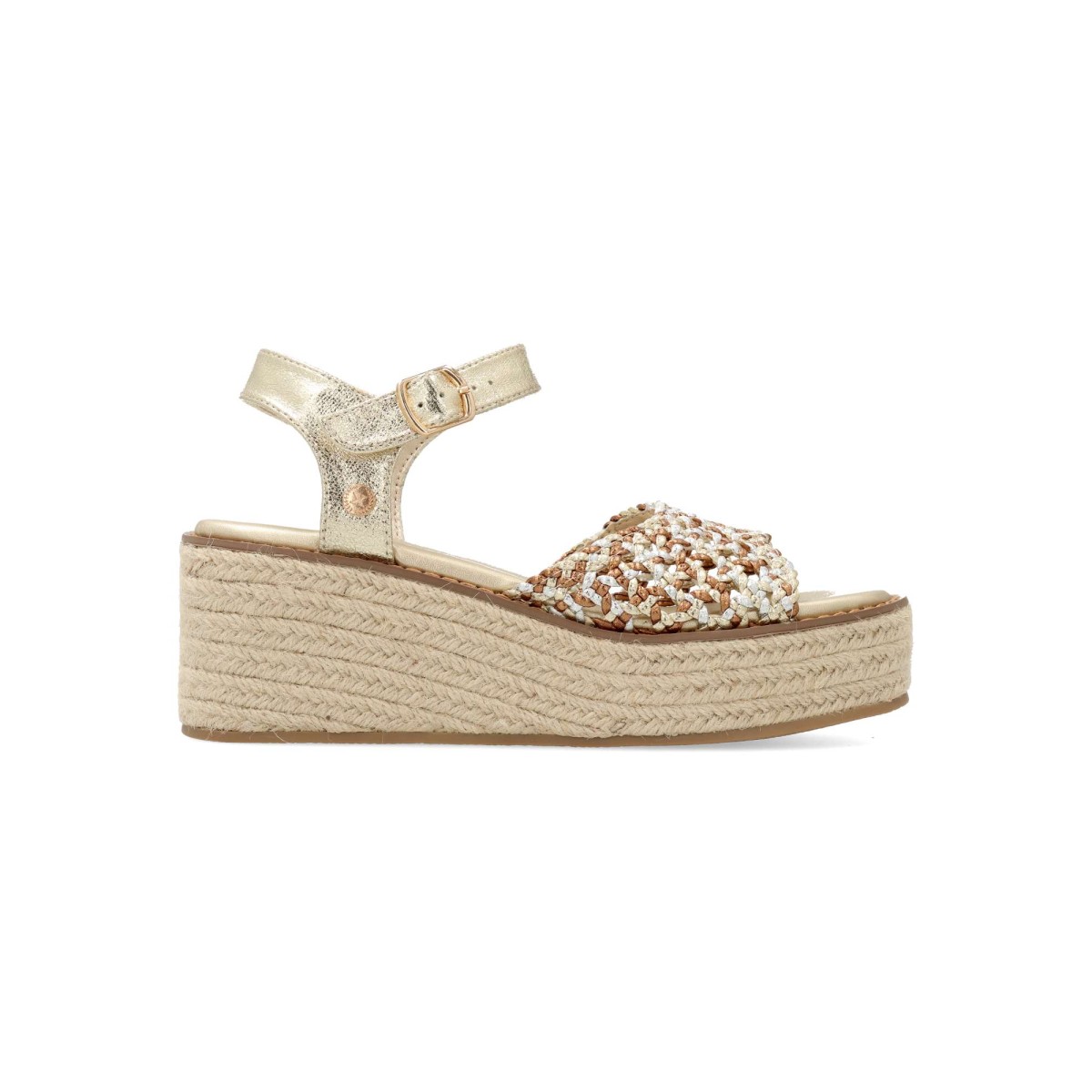 XTI - Sandalias alpargata trenzadas para mujer con hebilla al tobillo, efecto metalizado, planta acolchada y cuña de yute de 6 cm
