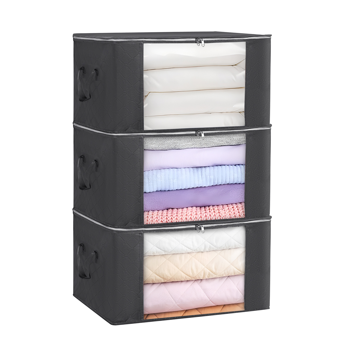 TK Pack of Three Folding Storage Boxes, with Transparent Window, Set of 3 Baskets with 2 Handles, Zipper Lid Bag for Clothes, Non-woven Organizer Chest, Bedroom, 90L