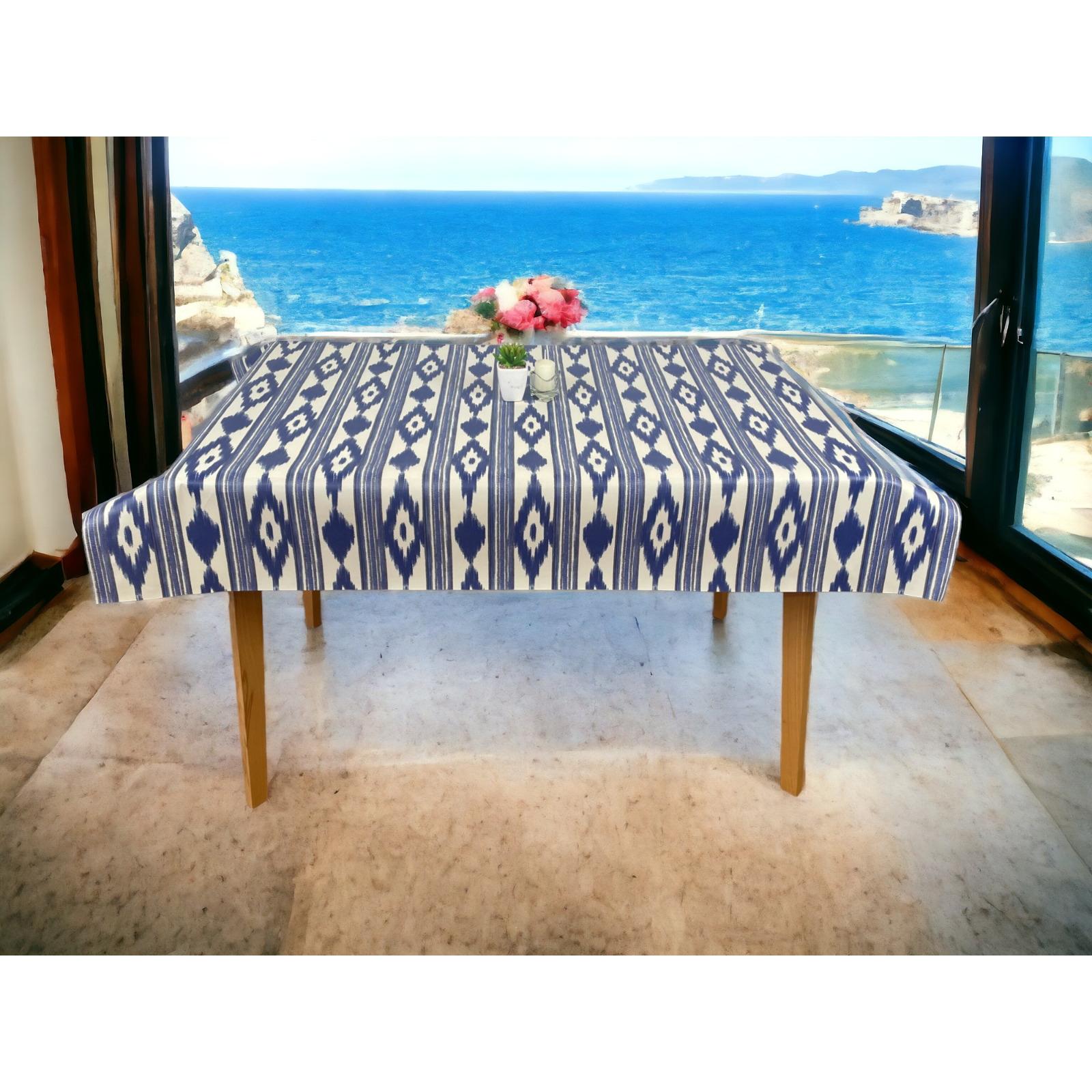 Mantel Hulehule Tex - Hule PVC Estampado Tribal Azul y Blanco Resistente a Manchas Impermeable Fácil Limpieza 140cm Ancho
