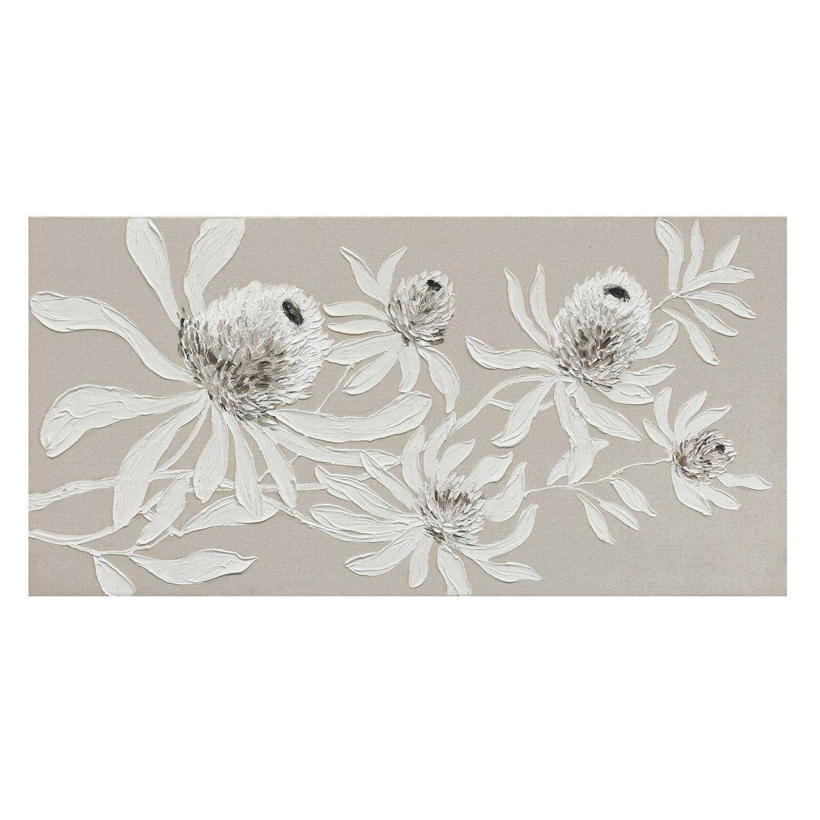 Óleo 100% flor australiana relieve 70x140 cm 140x3x70 cm, en lienzo, color beige y blanco Fijalo