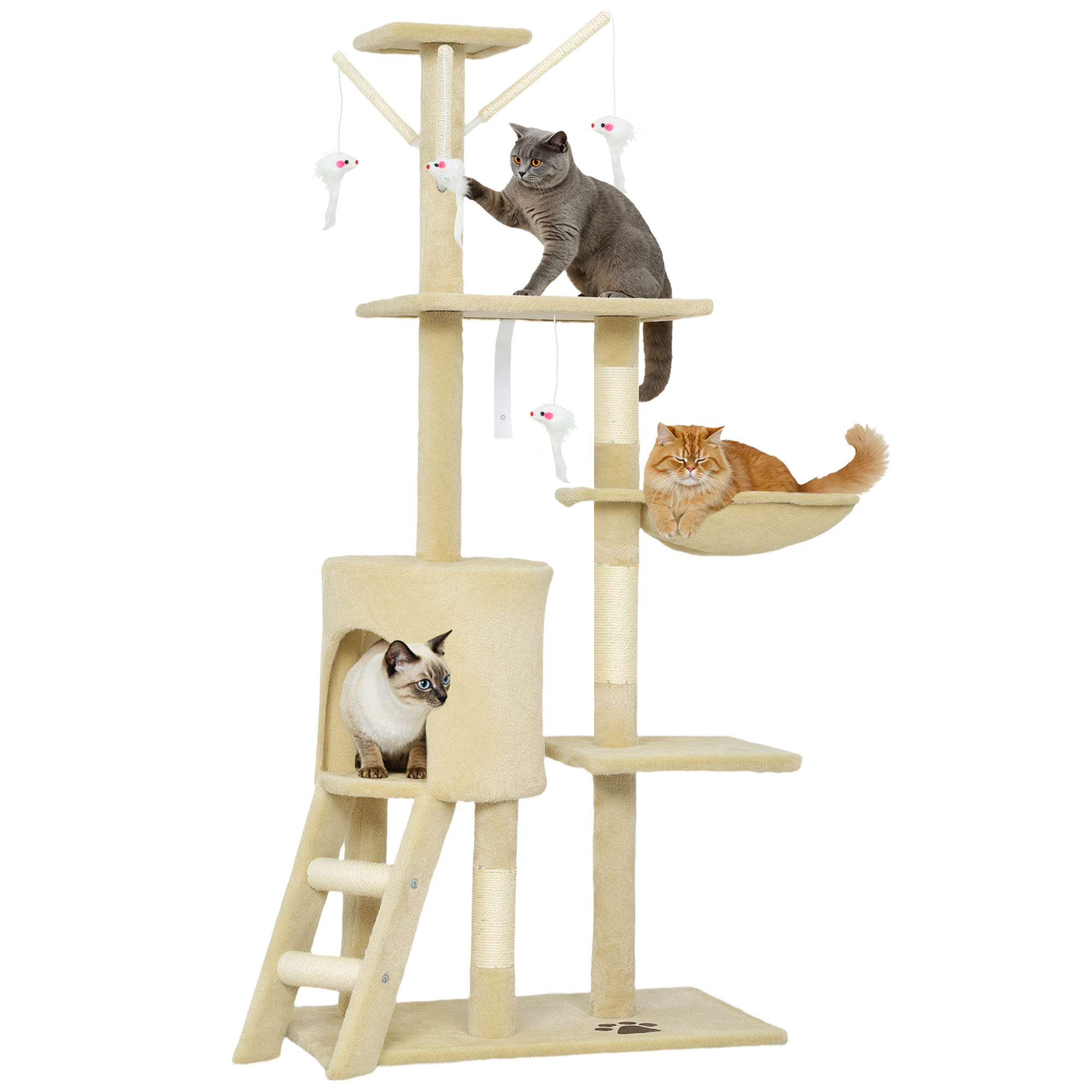 PawHut Árbol Rascador para Gatos Grande, Árbol para Gatos, Altura 134 cm, Torre de Escalada con 6 Postes de Sisal, 3 Plataformas, 1 Cueva, 1 Hamaca, 1 Escalera, 4 Juguetes Colgantes, Gris