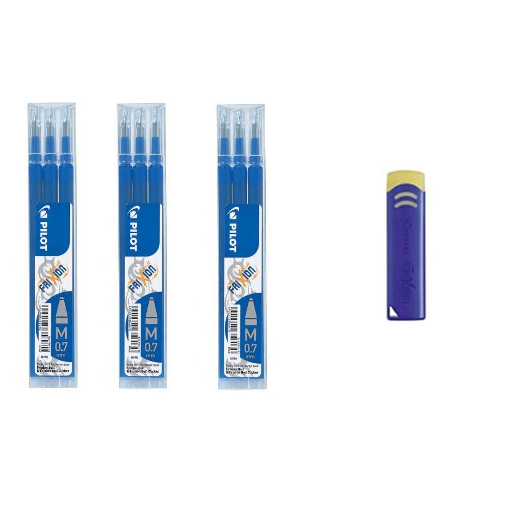 Pack/Set-Recambios para bolígrafos Pilot- Frixion-Repuestos Tinta BLS-FR7-Tinta Borrable-3 Sets de 3 Unidades + Goma de Borrar Frixion (Azul)