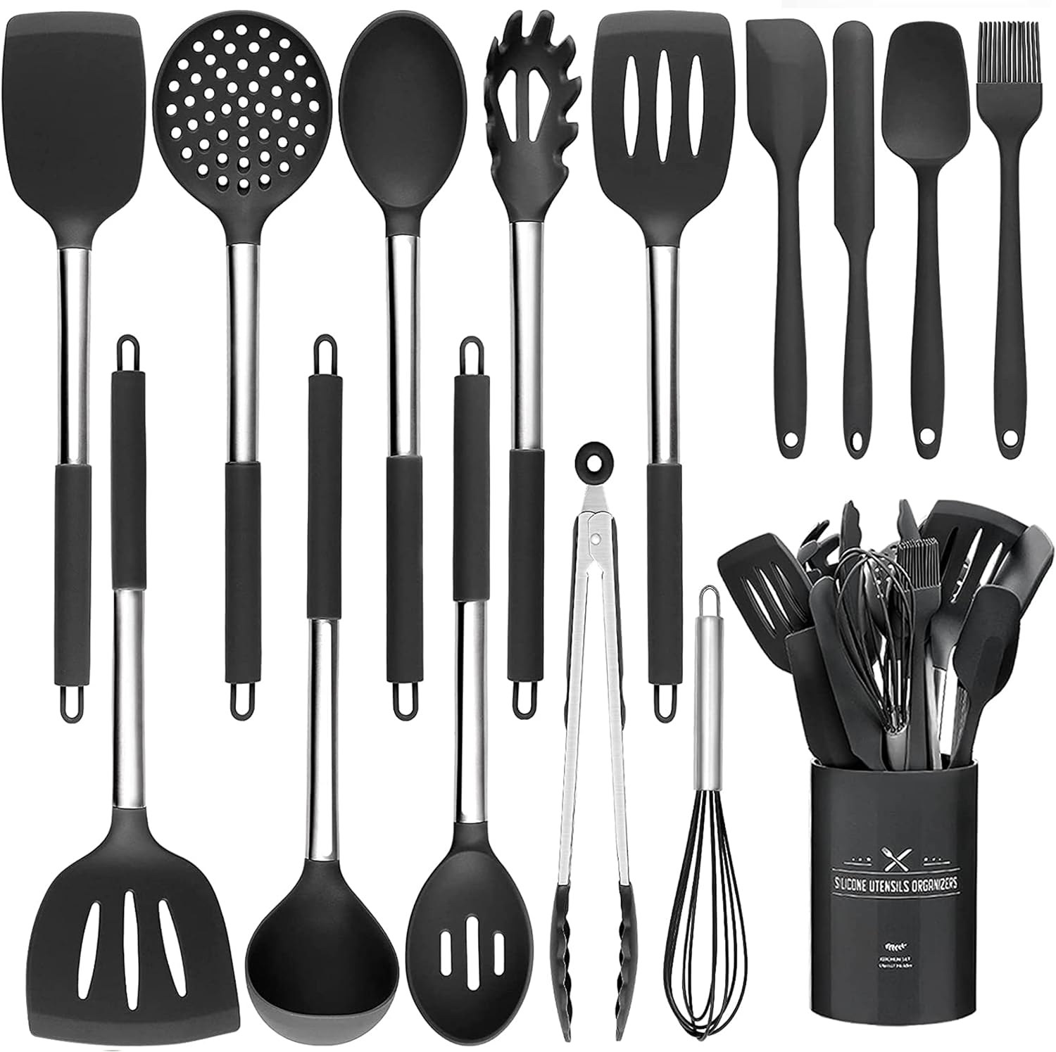 CA Juego de 15 utensilios de cocina de silicona resistentes al calor con Mangos de Maple inoxidable antiadherentes Negro