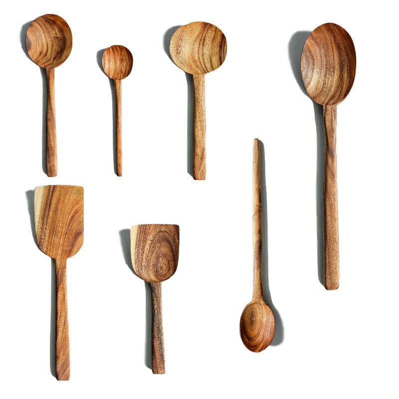 CA Pala de madera de teca sin pintar, sartén antiadherente, pala para cocinar, cuchara sopera de madera, cuchara de madera de mango largo, pala para cocinar, juego de 7 piezas