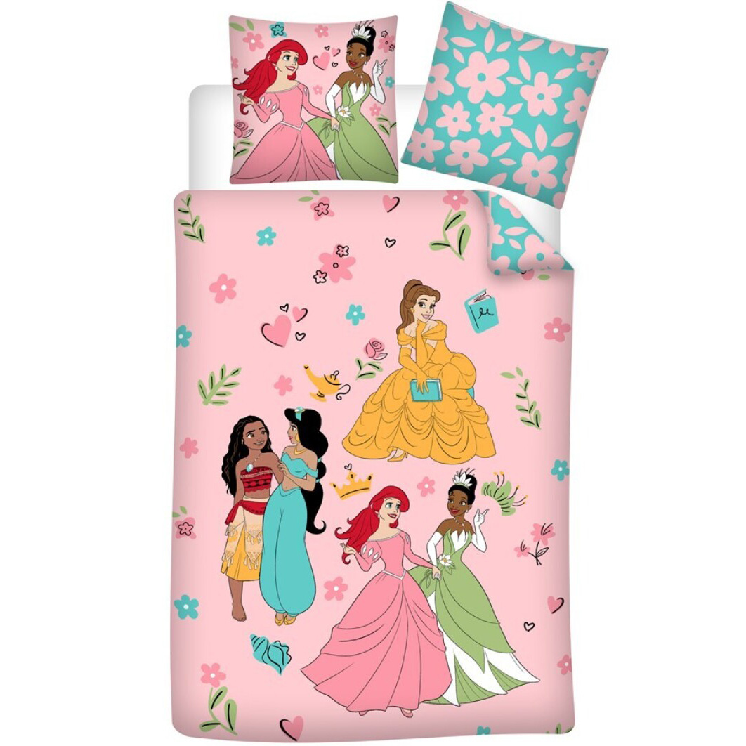 Funda Nordica Reversible Princesas Disney cama 90 o 105cm Algodón, Medida 140x200 cm, más 1 Funda Cojín 65x65cm
