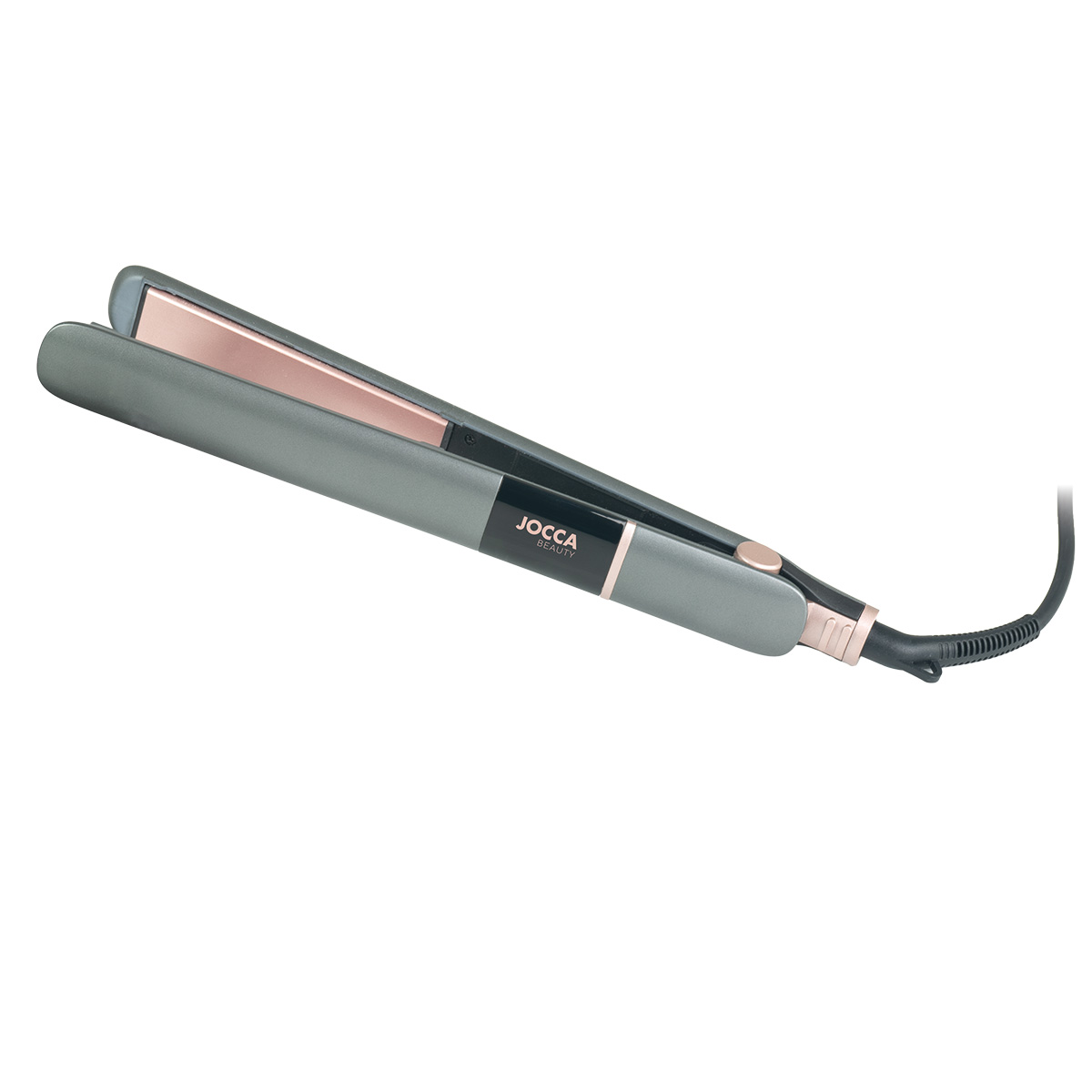 Plancha de pelo Jocca con placas cerámicas flotantes y estuche térmico de nylon, calentamiento rápido PTC hasta 230°C en 3 min, placas largas 25x120 mm, interruptor ON/OFF, cable giratorio de 1,8 m, voltaje 100-240V. Ideal para alisar y moldear