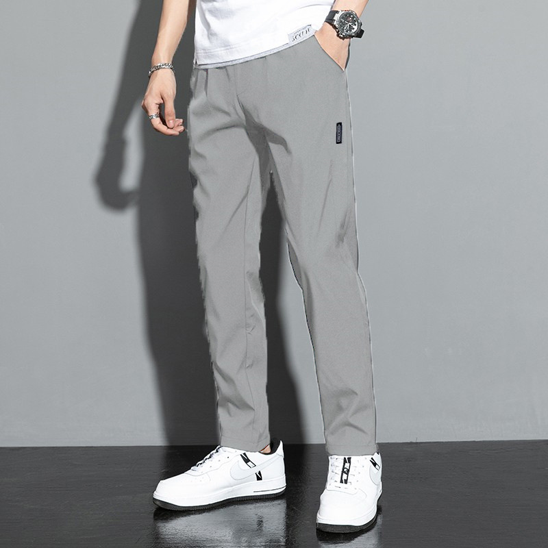 TK Pantalones Casuales Para Hombre De Seda Con Hielo 2024 Verano Nuevos En Negro Y Gris Mallas Elásticas Transpirables De Negocios Pantalones Rectos Para Exterior