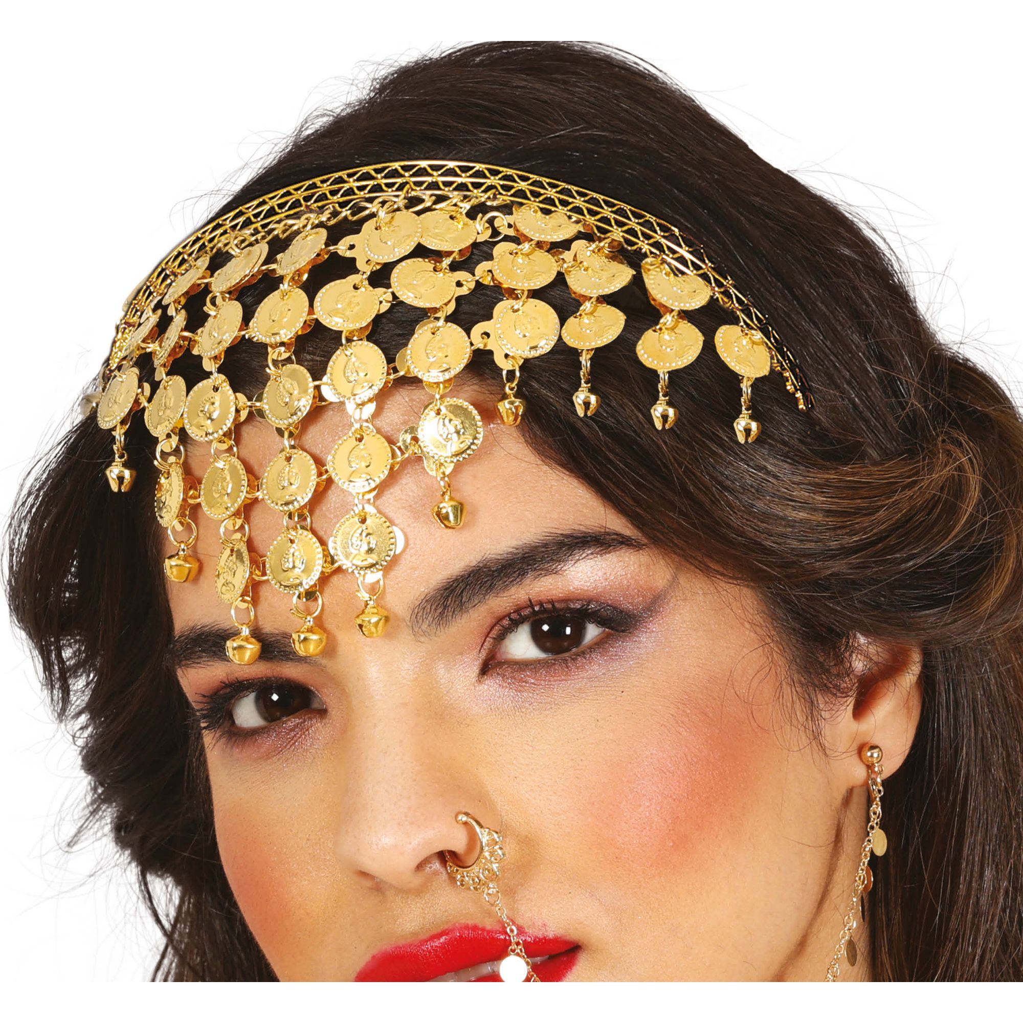 GUIRCA | Diadema dorada con medallas para disfraz, accesorio de cabeza elegante, estilo oriental con cadenas colgantes, ideal para fiestas temáticas y danza