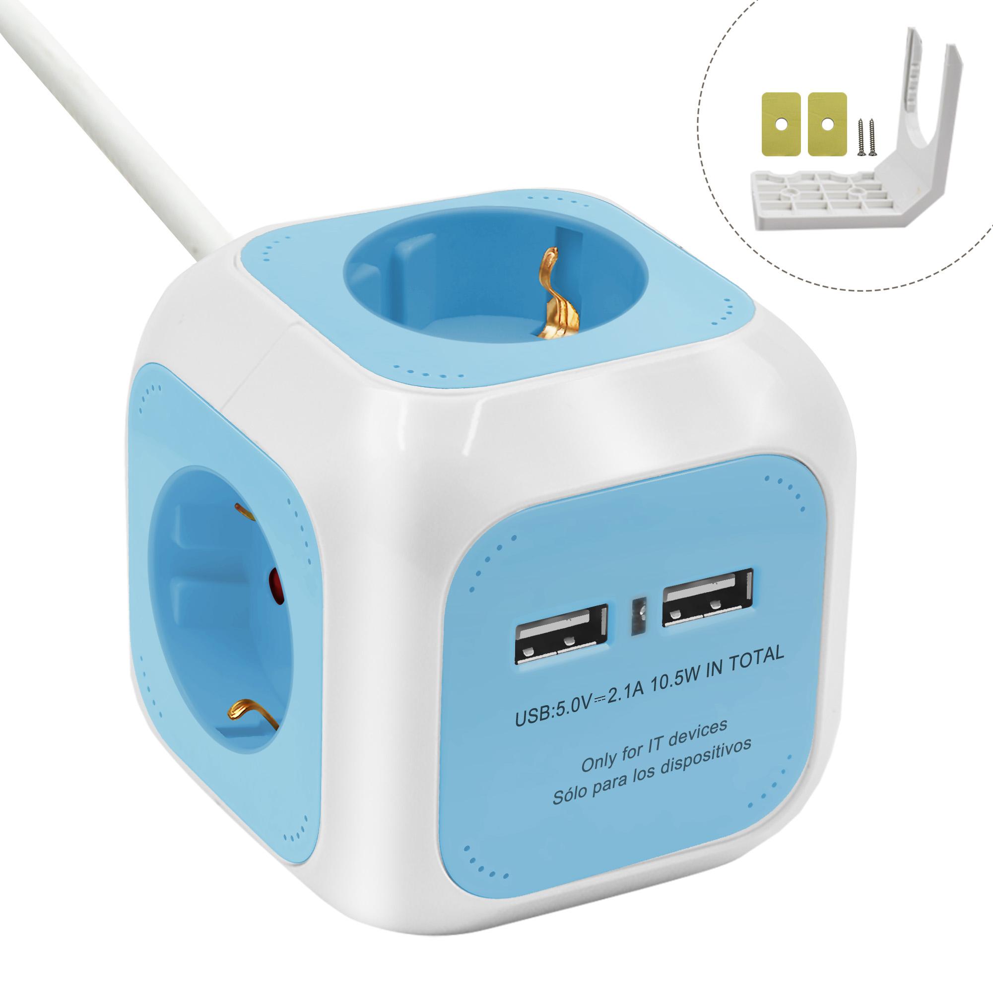 EXTRASTAR - Regleta Enchufe Cúbico 6 en 1 con 4 Tomas y 2 Puertos USB, Cubo Multienchufe con Cable de 1.5M, Carga Rápida Máx 3680W 16A para Hogar y Oficina