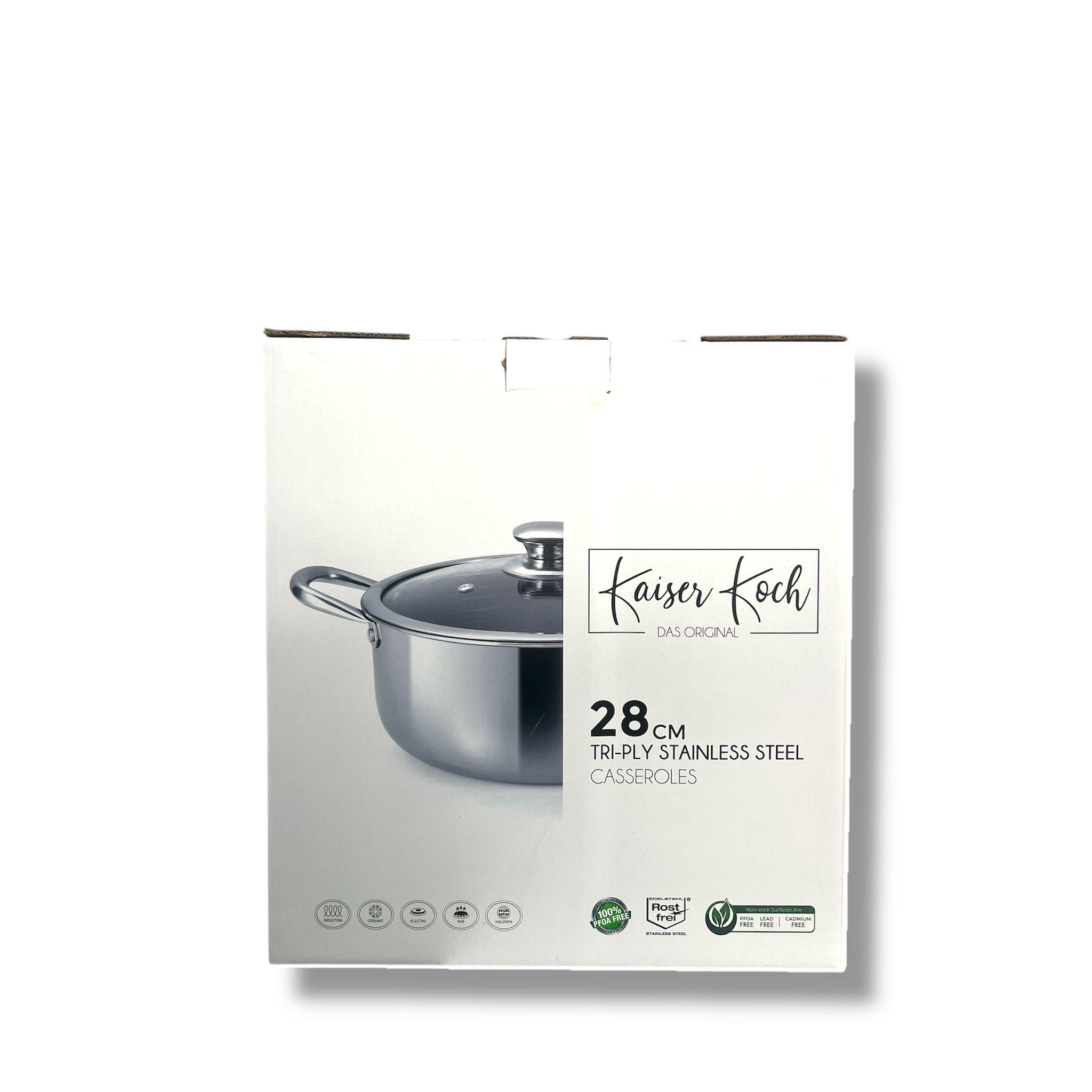 KAISER KOCH - OLLA -  Cacerola de acero inoxidable Triply (con revestimiento de nido de abeja, compatible con inducción, antiadherente y sin PFOA, tapa de cristal resistente al calor