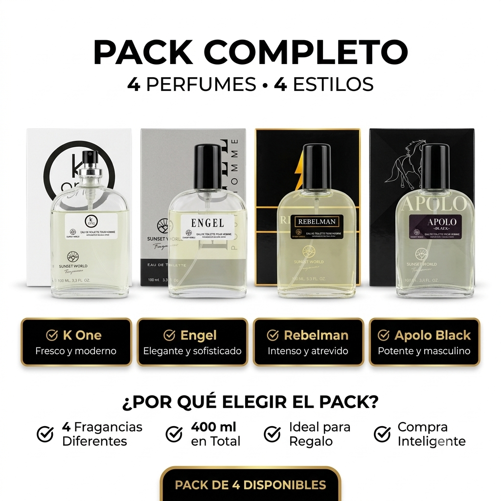 Sunset World - Eau de Toilette para hombre 100 ml con fragancias K One, Engel, Rebelman y Apolo Black | Pack de 4 o individual