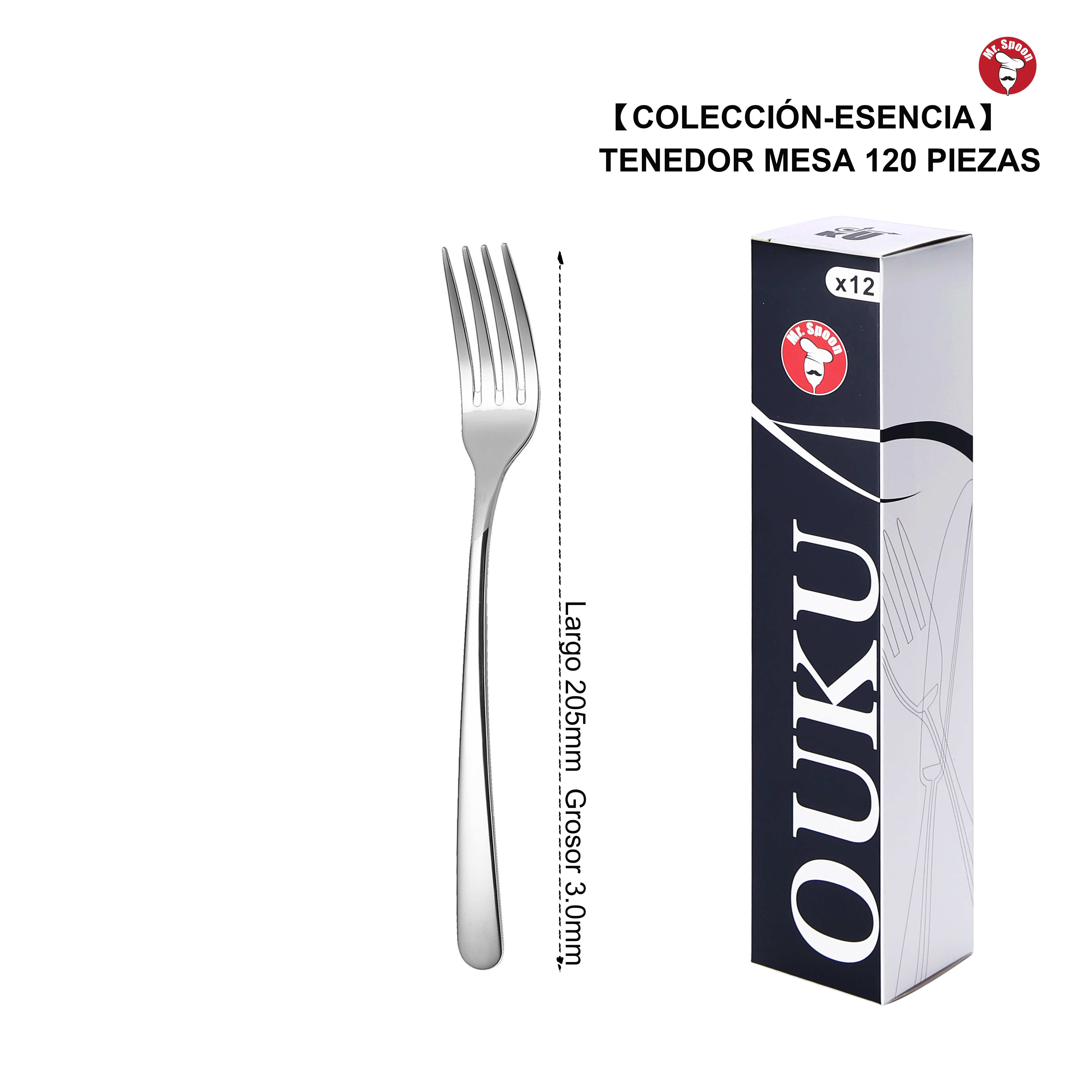 Tenedor de Mesa Clásico y Elegante Mr.Spoon Serie Esencia 205mm Acero Inoxidable 18/0 Plateado, Diseño Atemporal y Uso Diario Práctico, Ideal para Comidas Cotidianas, Apto para Lavavajillas, Uso Profesional Hostelería Restaurante Hotel, Venta Mayorista