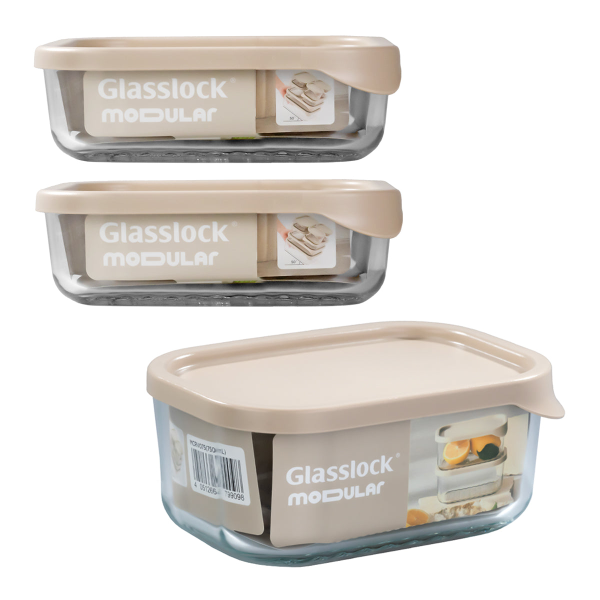 Glasslock Modular - Lote de 3 Recipientes de 0.5L y 0.75L en Vidrio Templado para Nevera