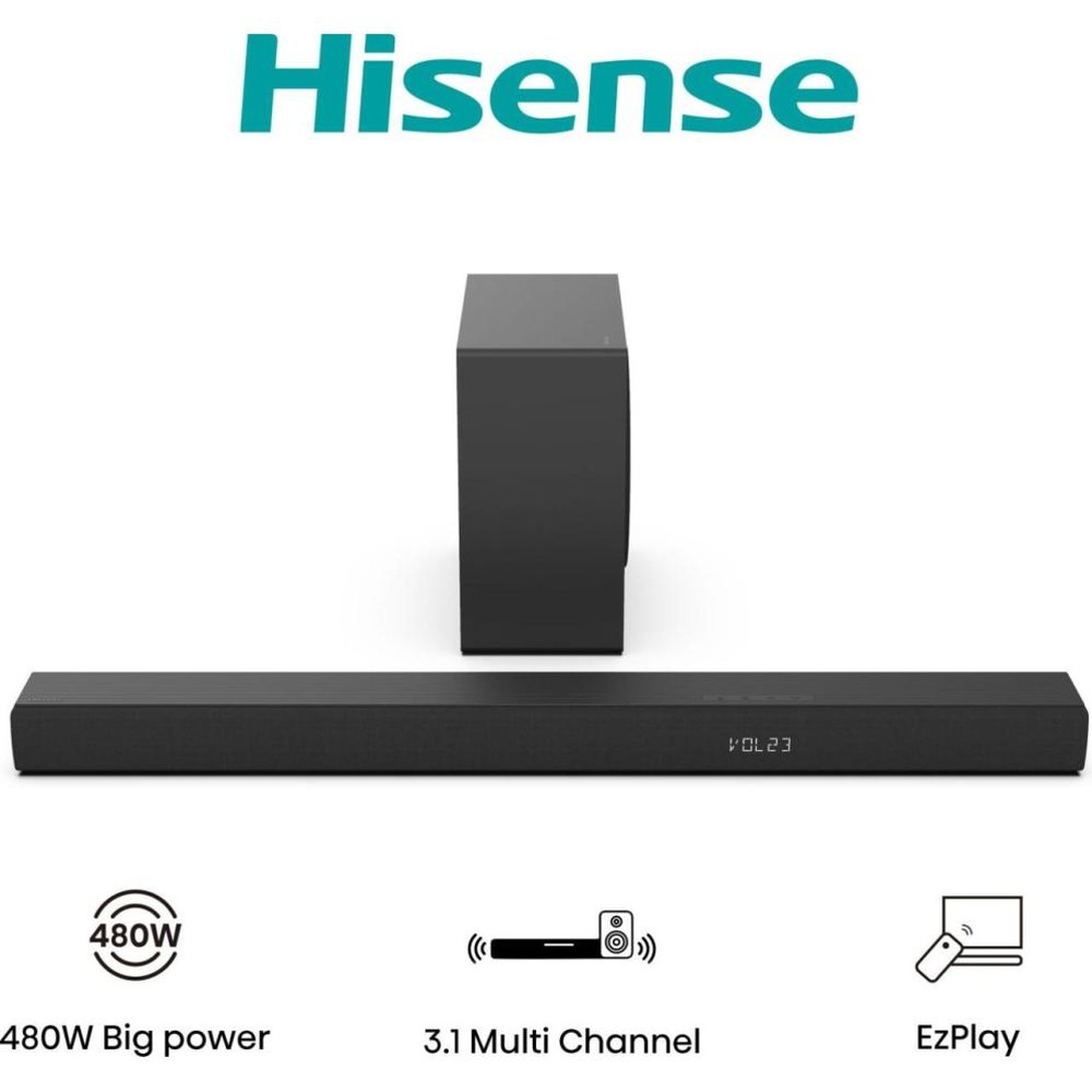 Hisense hs3100 3.1 sound bar with Dolby audio and DTS Virtual:X, 480W power, includes 6.5" subwoofer, Bluetooth 5.3, HDMI, ideal for home cinema experience and wall mounting.