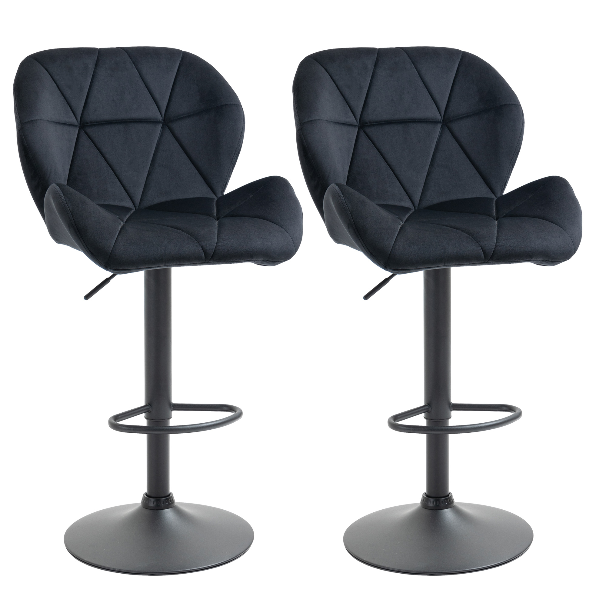 HOMCOM Juego de 2 Taburetes de Bar, Sillas de Bar Giratorias con Respaldo, Taburete Bistro Regulable en Altura, Taburete para Barra, Tacto Terciopelo, Espuma sin Brazos, Negro, 51,5 x 57,5 x 93-114,5 cm