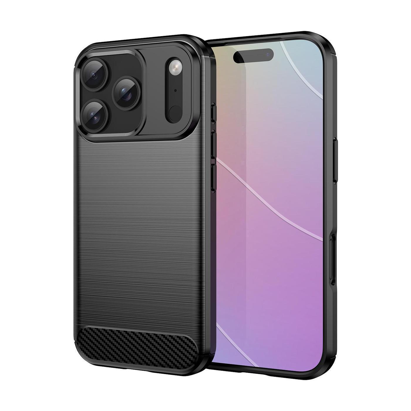 Funda silicona iPhone 17 Pro / 18 Pro , alta protección e inserciones símil a fibra de carbono negro
