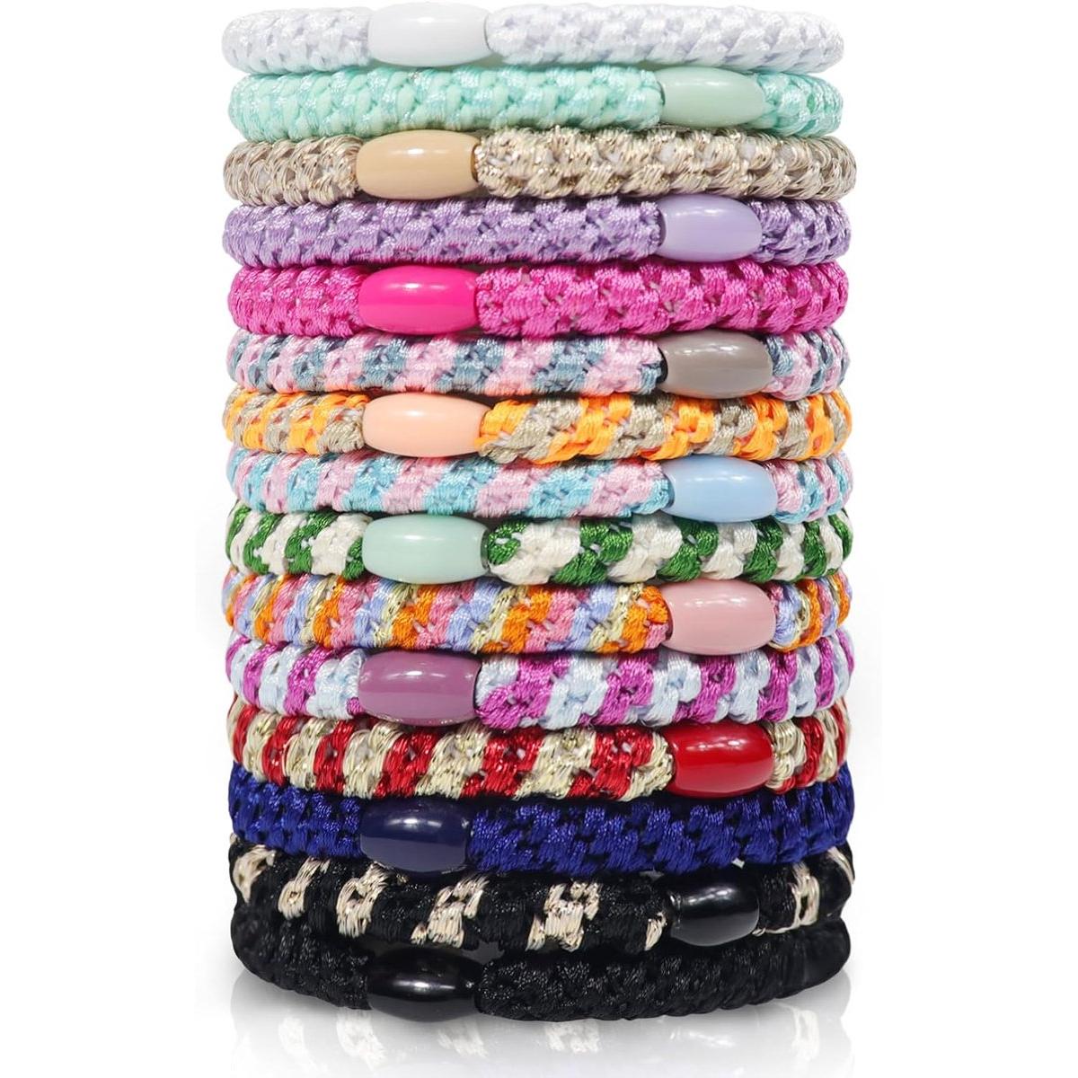 Om Home 15 piezas de gomas elásticas para el cabello de mujer, cintas elásticas para trenzas, cintas elásticas multicolores, elegantes sujetadores de coleta para cabello grueso y rizado