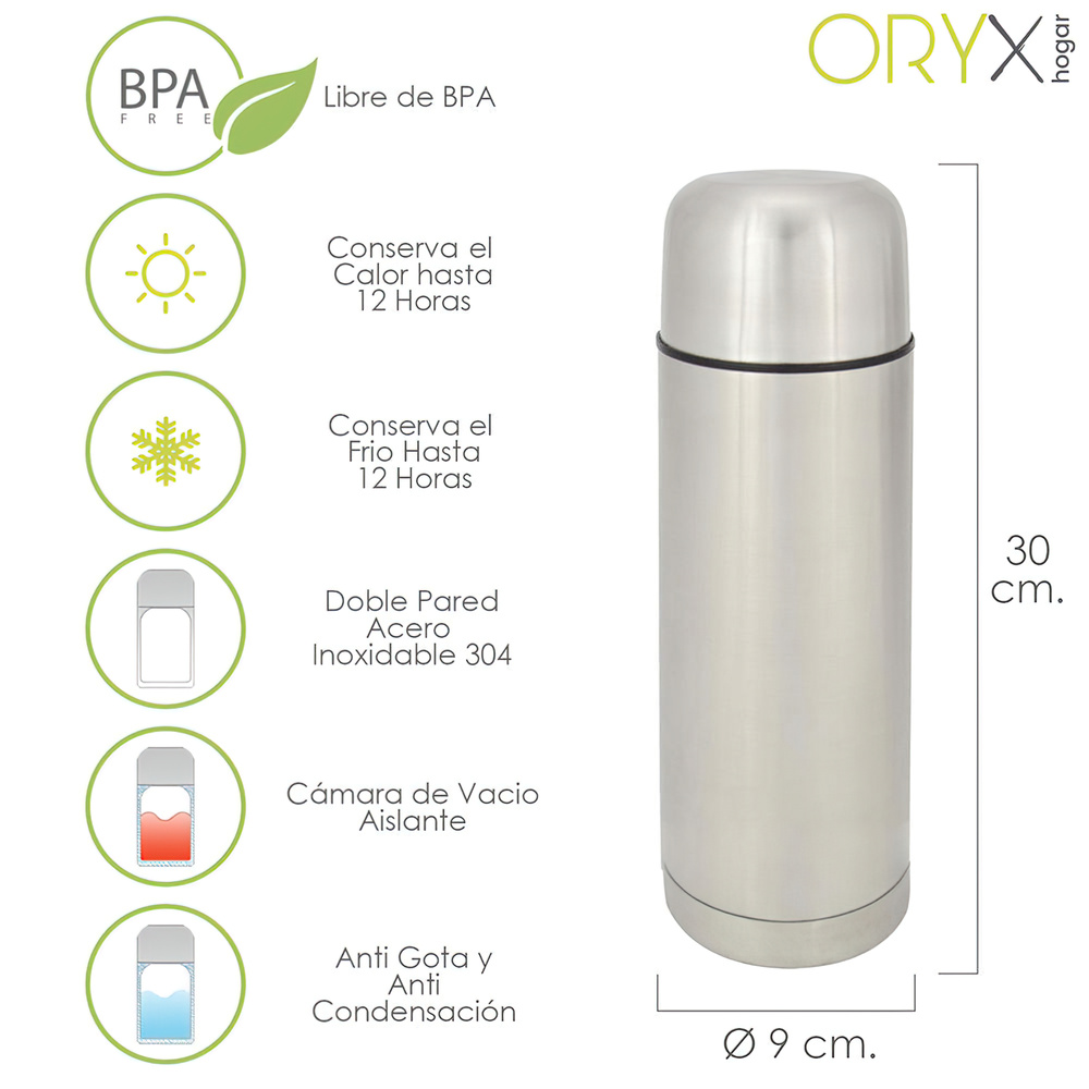 ORYX Termo para Líquidos de Acero Inoxidable 750 ml | Botella Térmica Antigoteo con Tapón Dosificador por Pulsador, Doble Pared de Vacío Sin BPA (Acero 304) para Café, Té, Leche y Agua