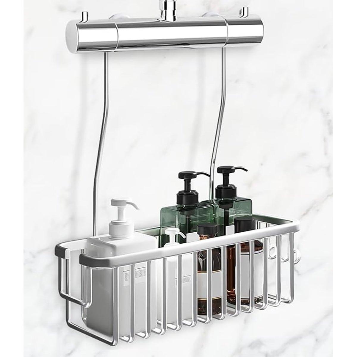 Cesta de ducha - Cesta y organizador de ducha elegante y espacioso de 30 cm, fabricado en acero inoxidable duradero de color blanco lechoso para baño y paredes de cristal - Blanco crema