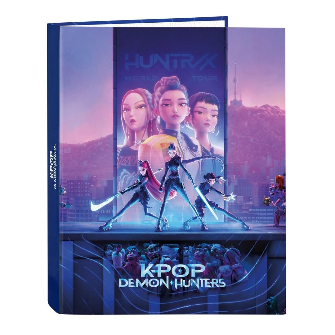 SAFTA | Carpeta de Anillas K-Pop Demon Hunters Tamaño Folio para Niños y Jóvenes, Licencia Oficial, Tapas Duras Forradas, 4 Anillas Redondas 40 mm, Lomo Ancho 60 mm, Archivador Escolar Vuelta al Cole