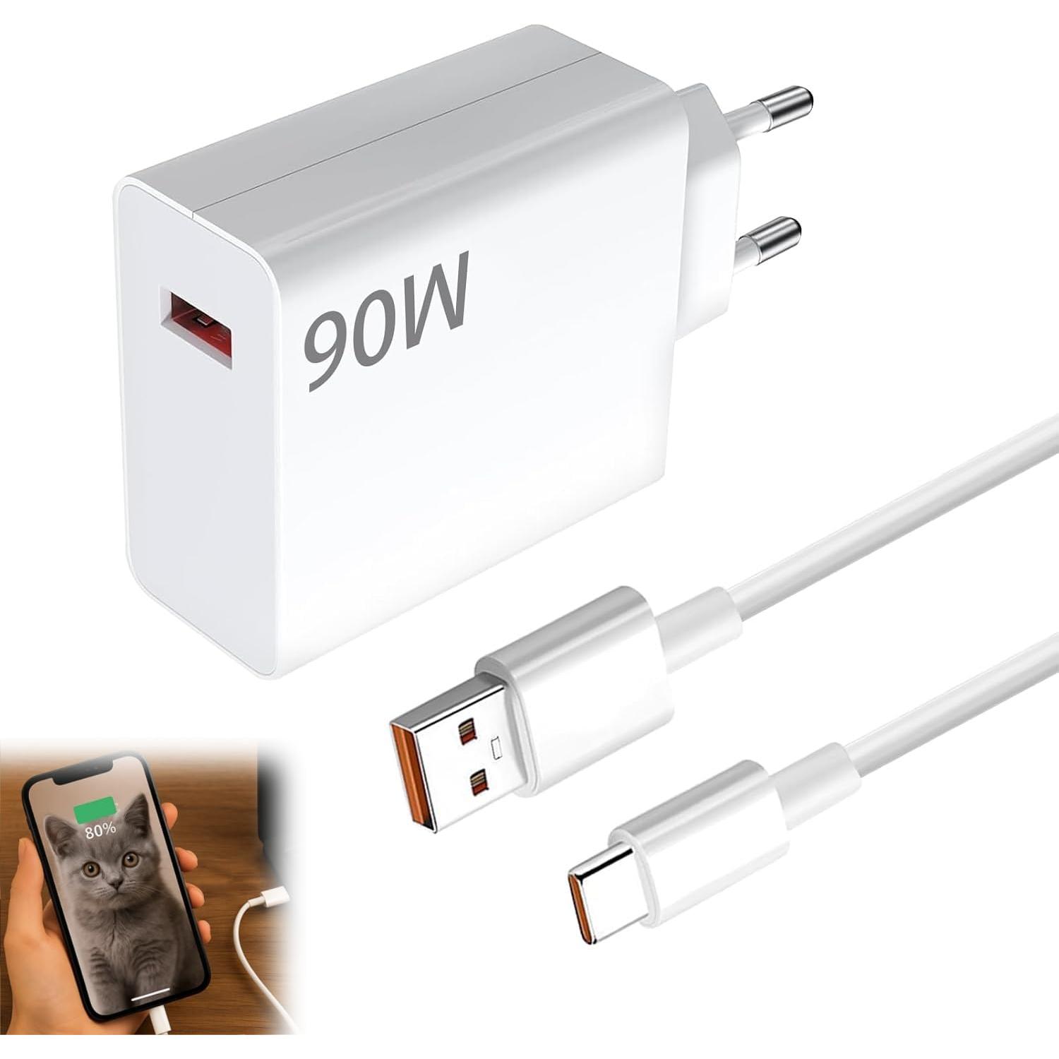 Cargador Rápido 90W para Xiaomi 14 13 12 11 10, Redmi Note 14 13 12, Poco F7 Ultra, con Cable USB C 6A 2M, Adaptador de Carga Compatible con Otras Marcas