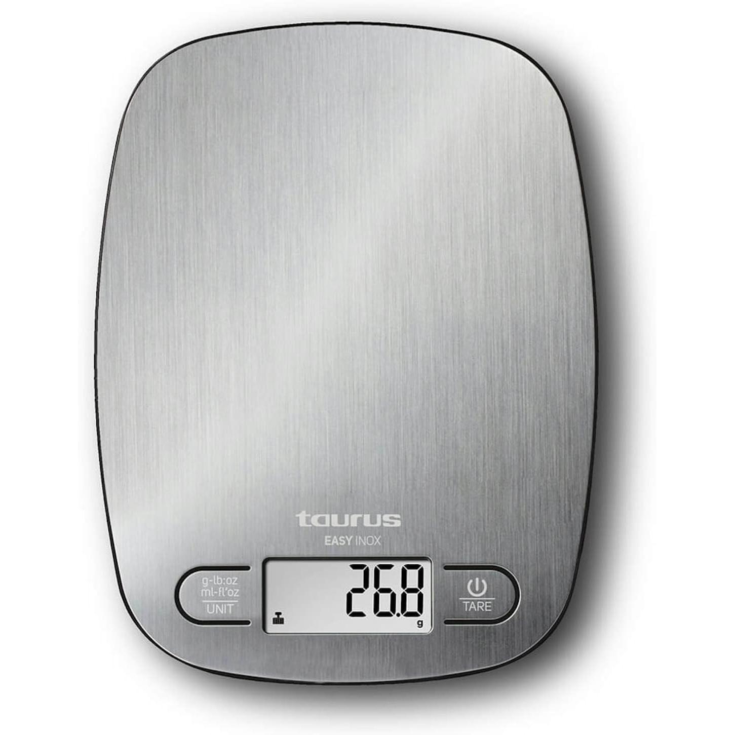 Taurus Easy Inox - Báscula de Cocina Digital de Capacidad 5 Kg, Función Tara, 4 Sensores de Precisión, Color Plateado